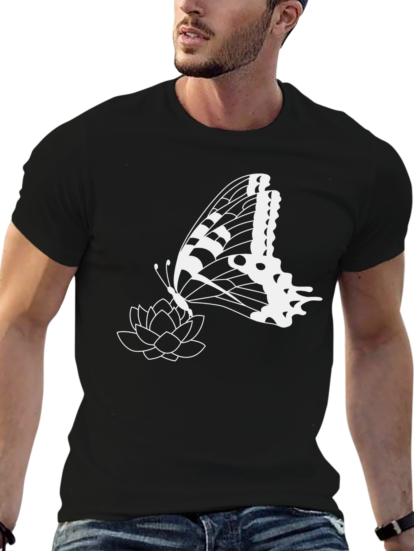 Butterfly & Lotus Graphic Tee - Stylish Black T-Shirt
