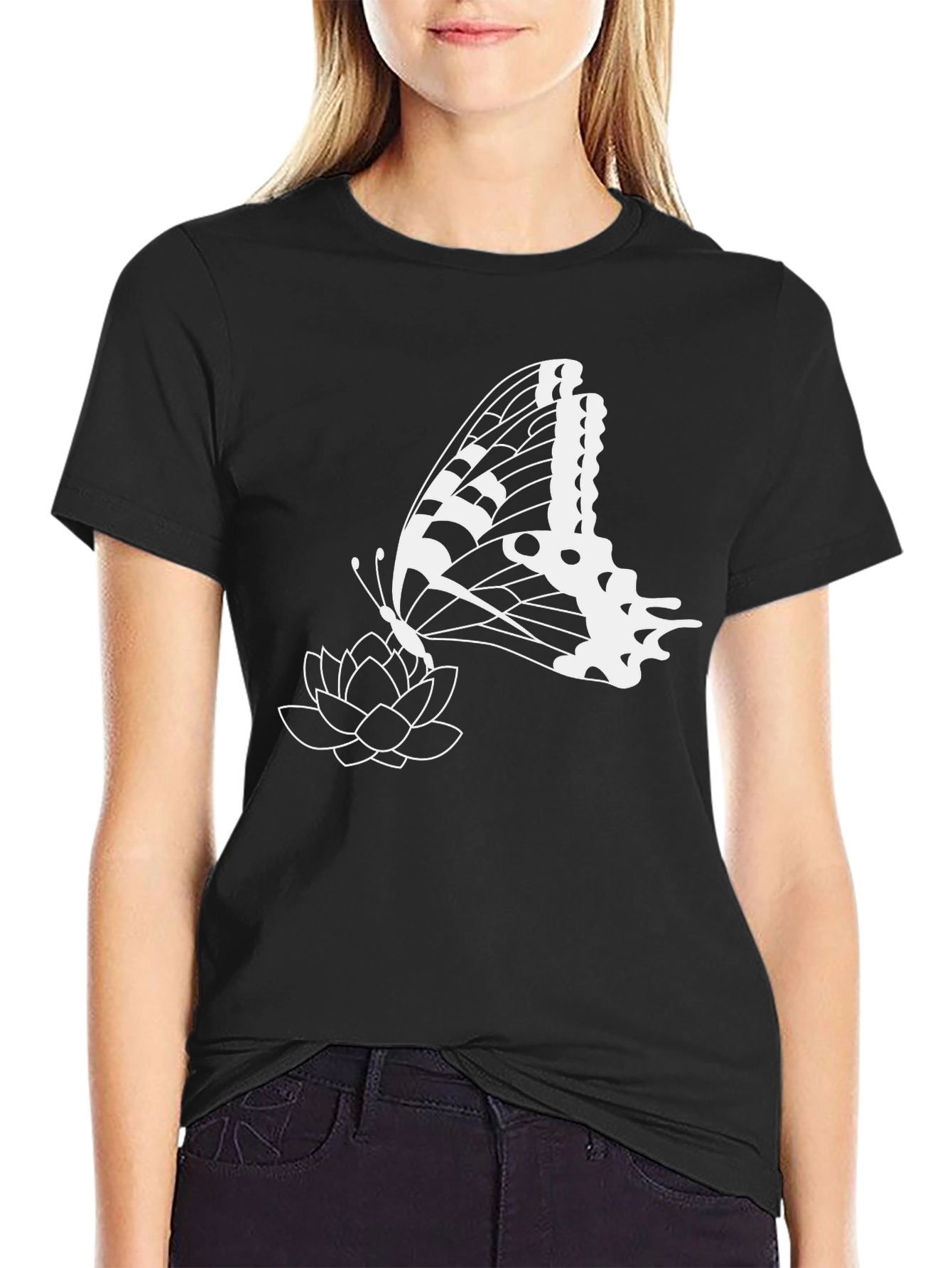 Butterfly & Lotus Graphic Tee - Stylish Black T-Shirt