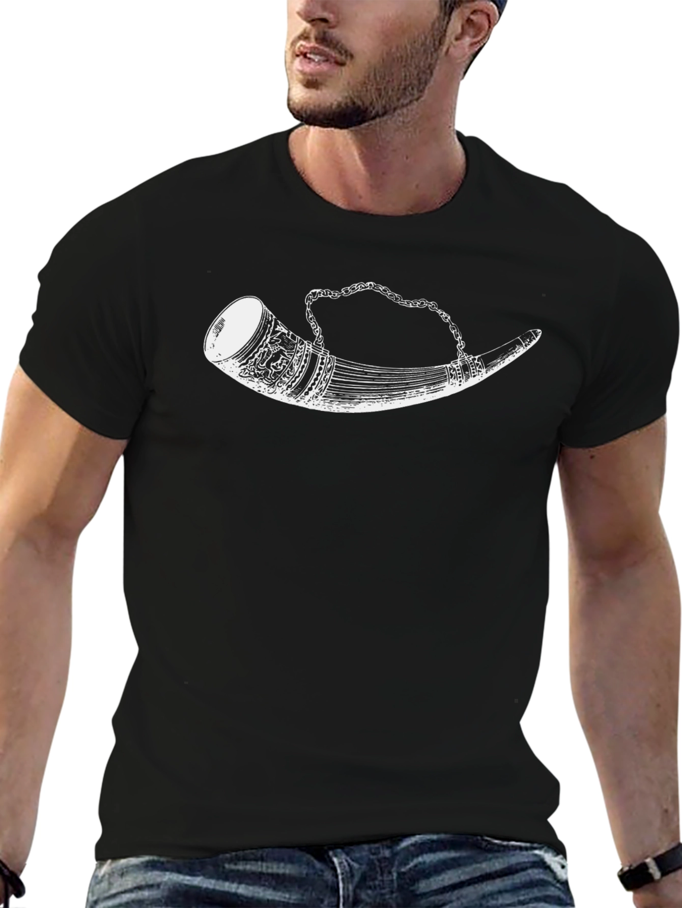 Mens Black T-Shirt with Viking Drinking Horn Graphic