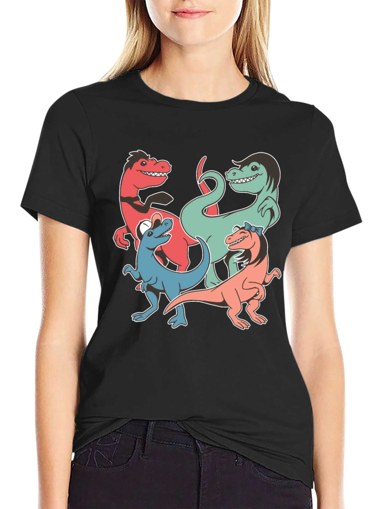 Dinosaur Cartoon Graphic Print Black T-Shirt