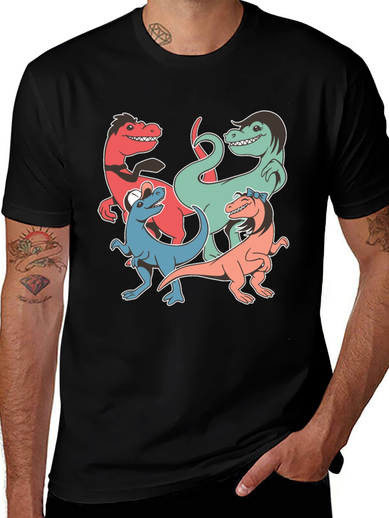 Dinosaur Cartoon Graphic Print Black T-Shirt