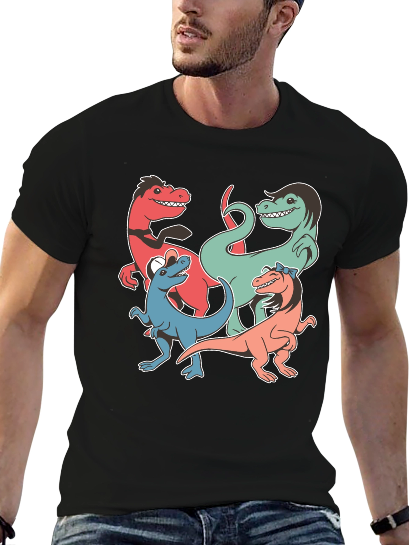 Dinosaur Cartoon Graphic Print Black T-Shirt