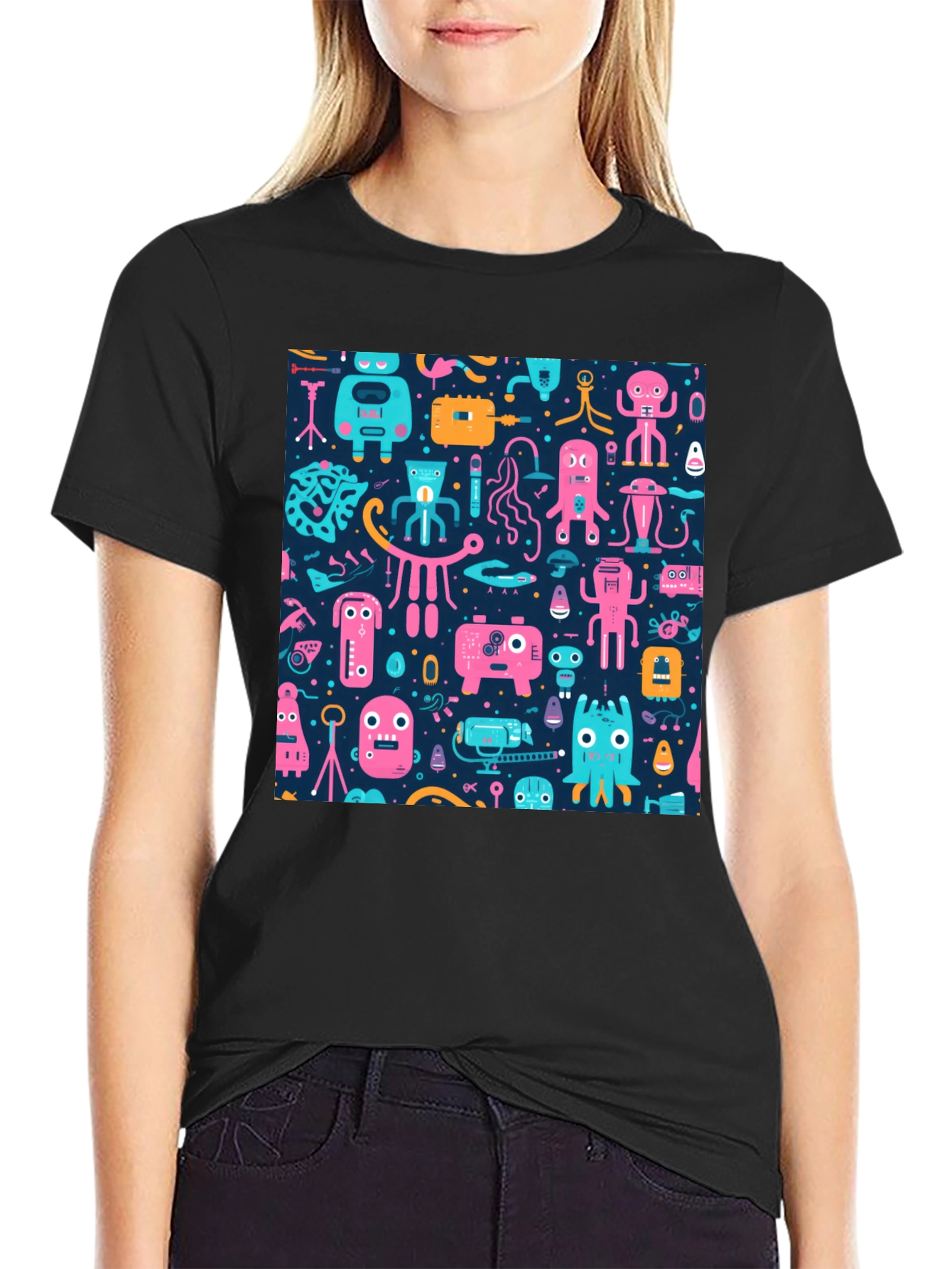 Funky Retro Robot Pattern T-Shirt