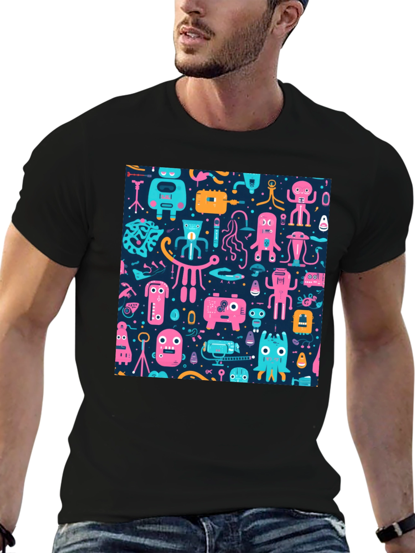 Funky Retro Robot Pattern T-Shirt