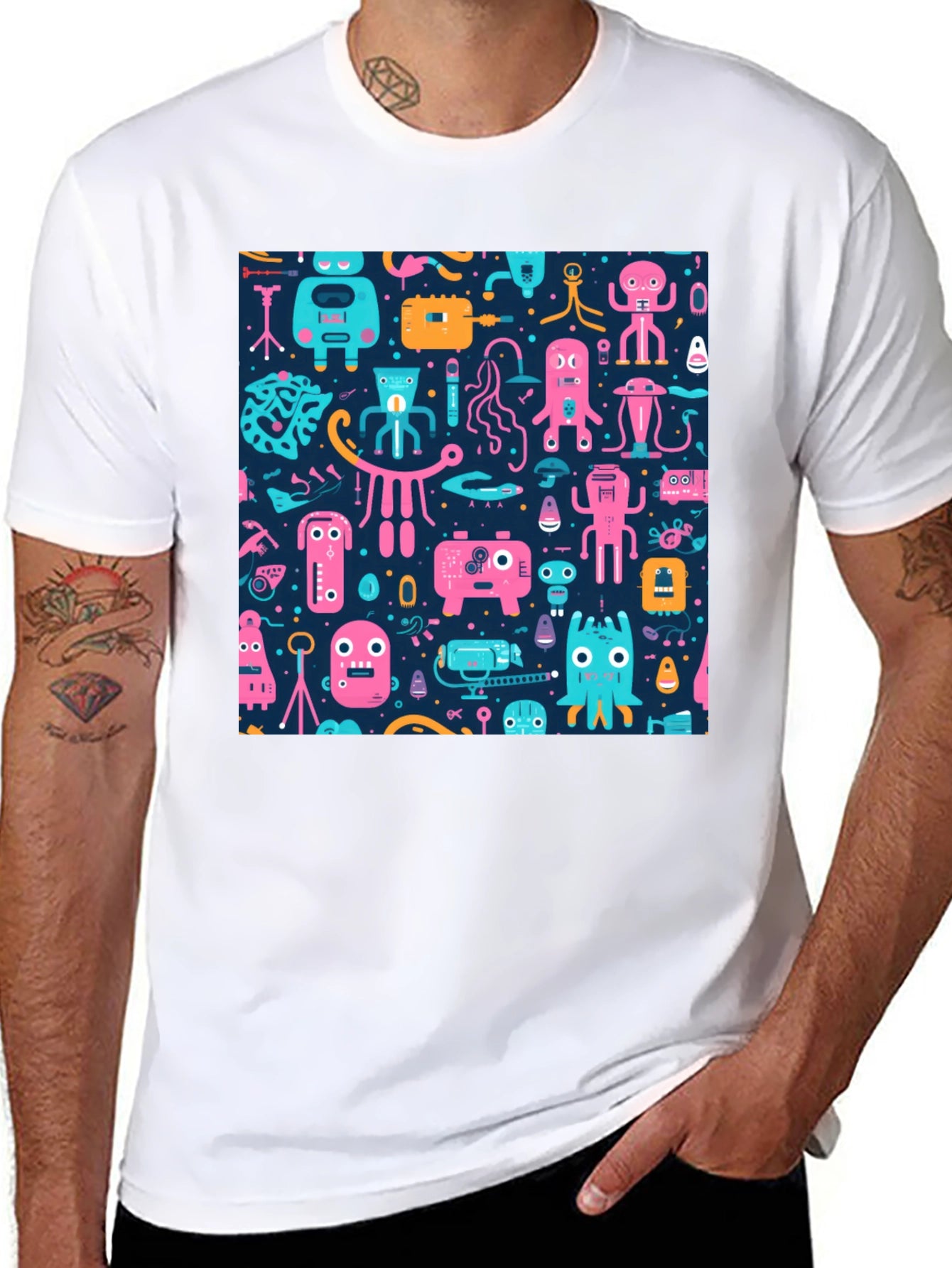 Funky Retro Robot Pattern T-Shirt