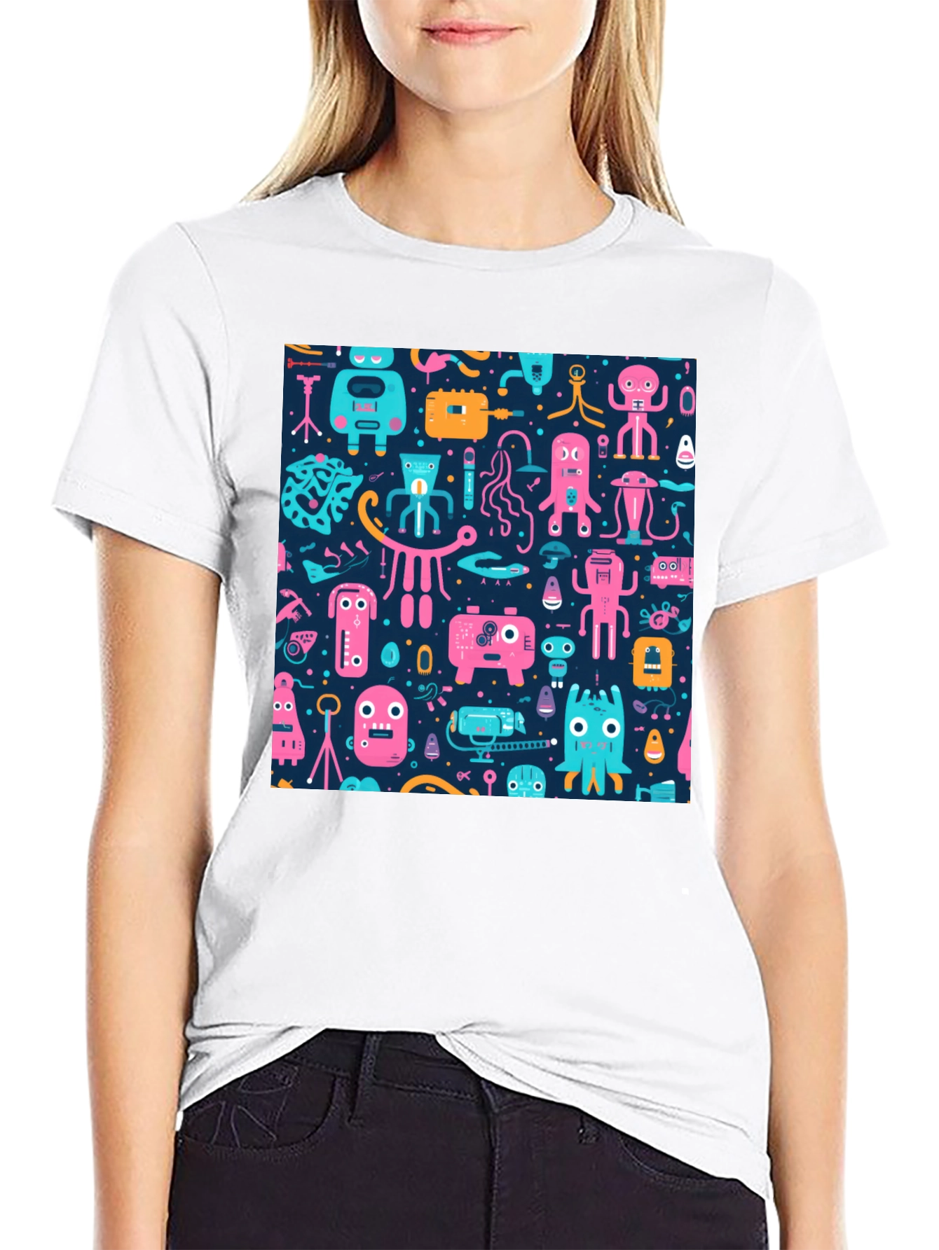 Funky Retro Robot Pattern T-Shirt