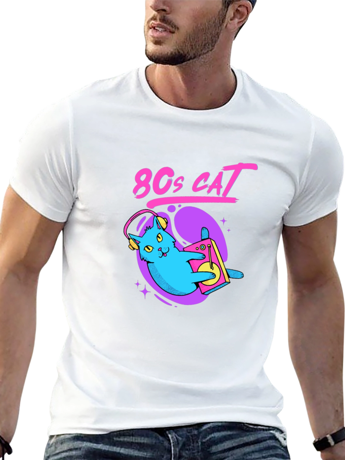 80s Cat Graphic Tee - Retro Style