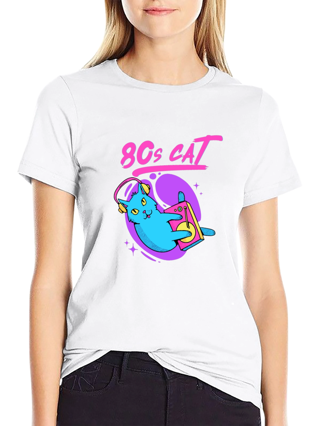 80s Cat Graphic Tee - Retro Style