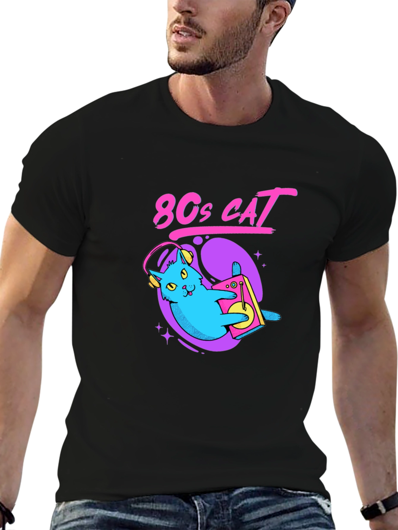 80s Cat Graphic Tee - Retro Style