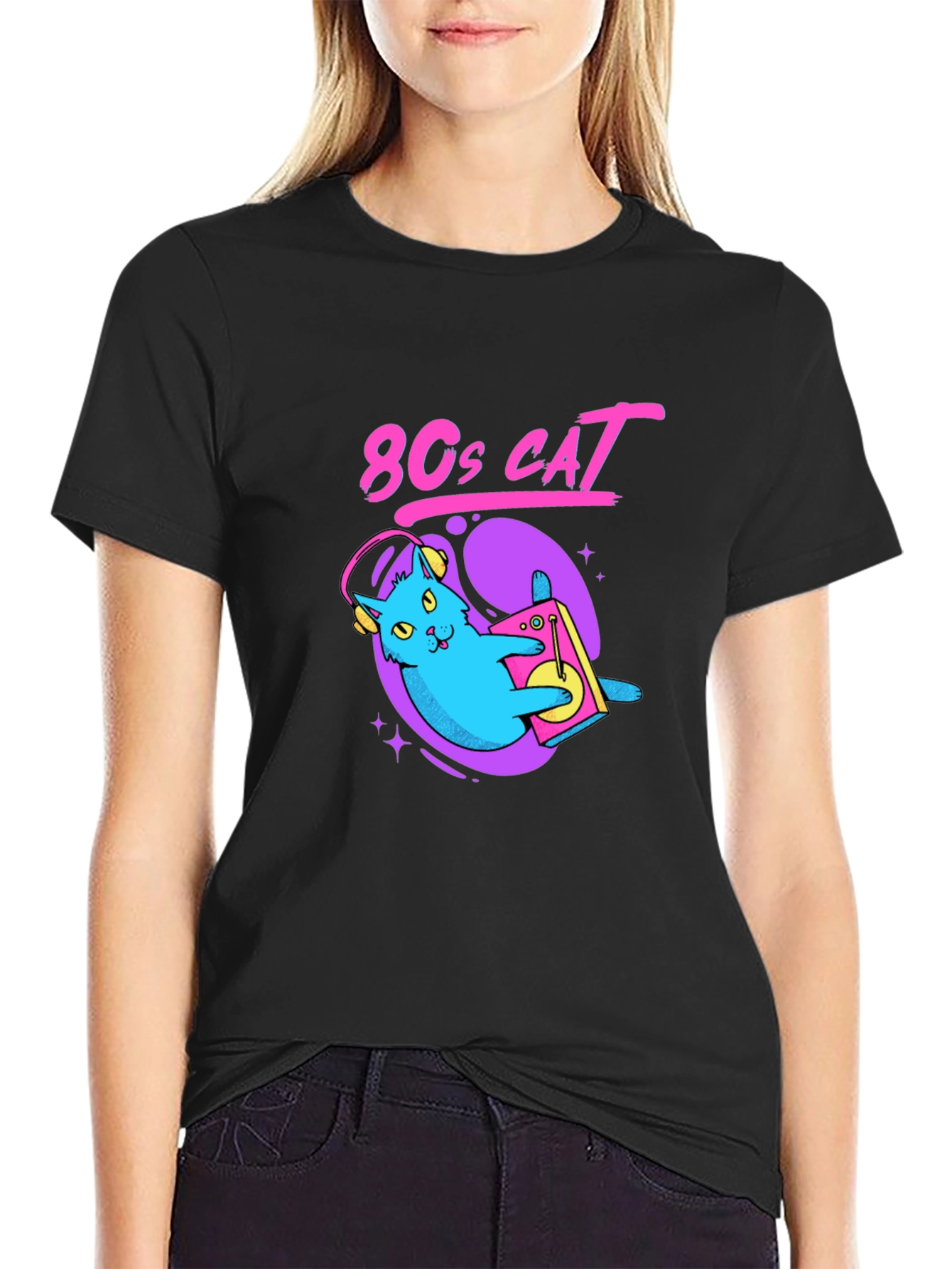 80s Cat Graphic Tee - Retro Style