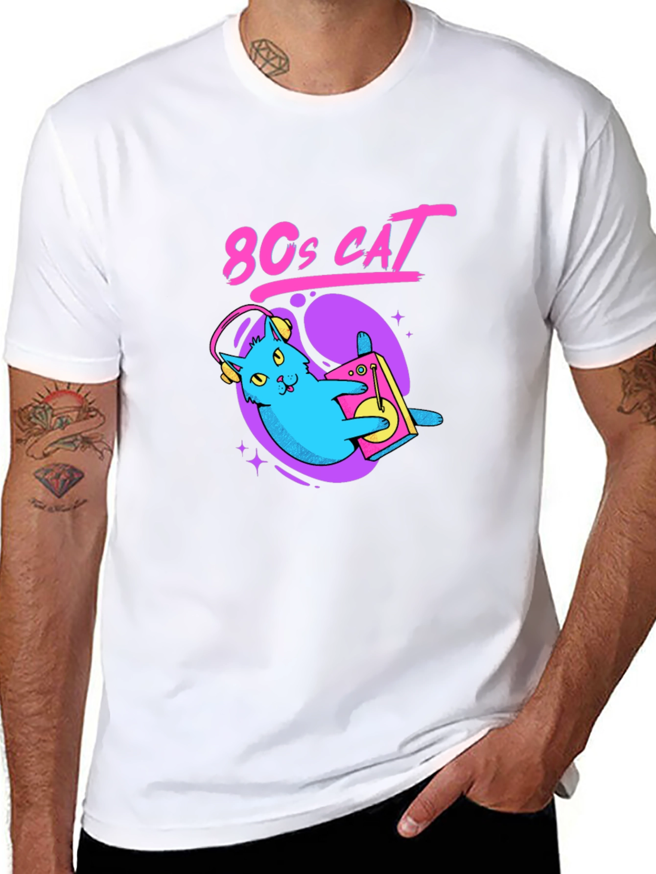 80s Cat Graphic Tee - Retro Style