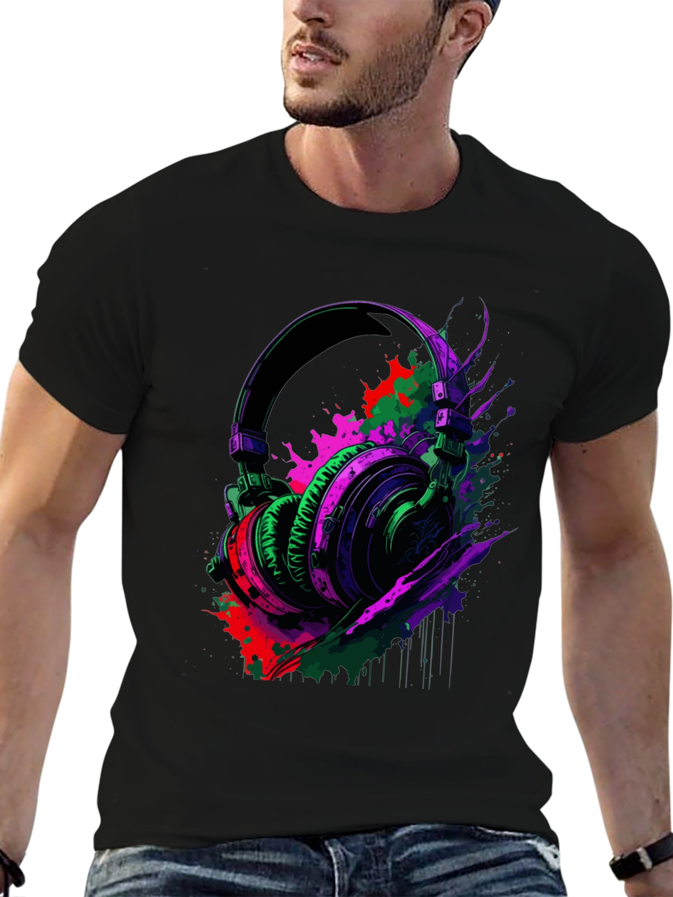 Vibrant Headphones Graphic Black T-Shirt