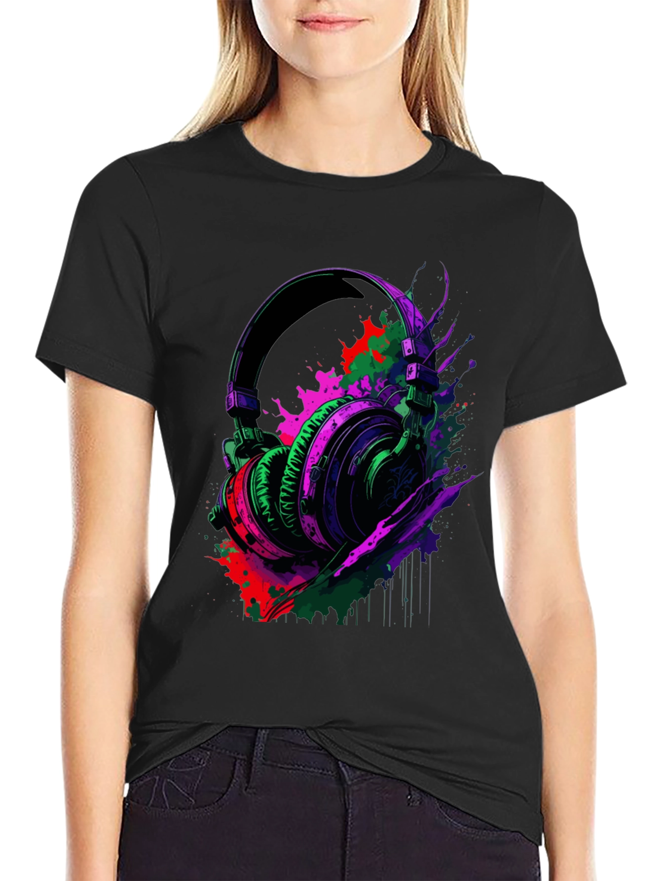 Vibrant Headphones Graphic Black T-Shirt