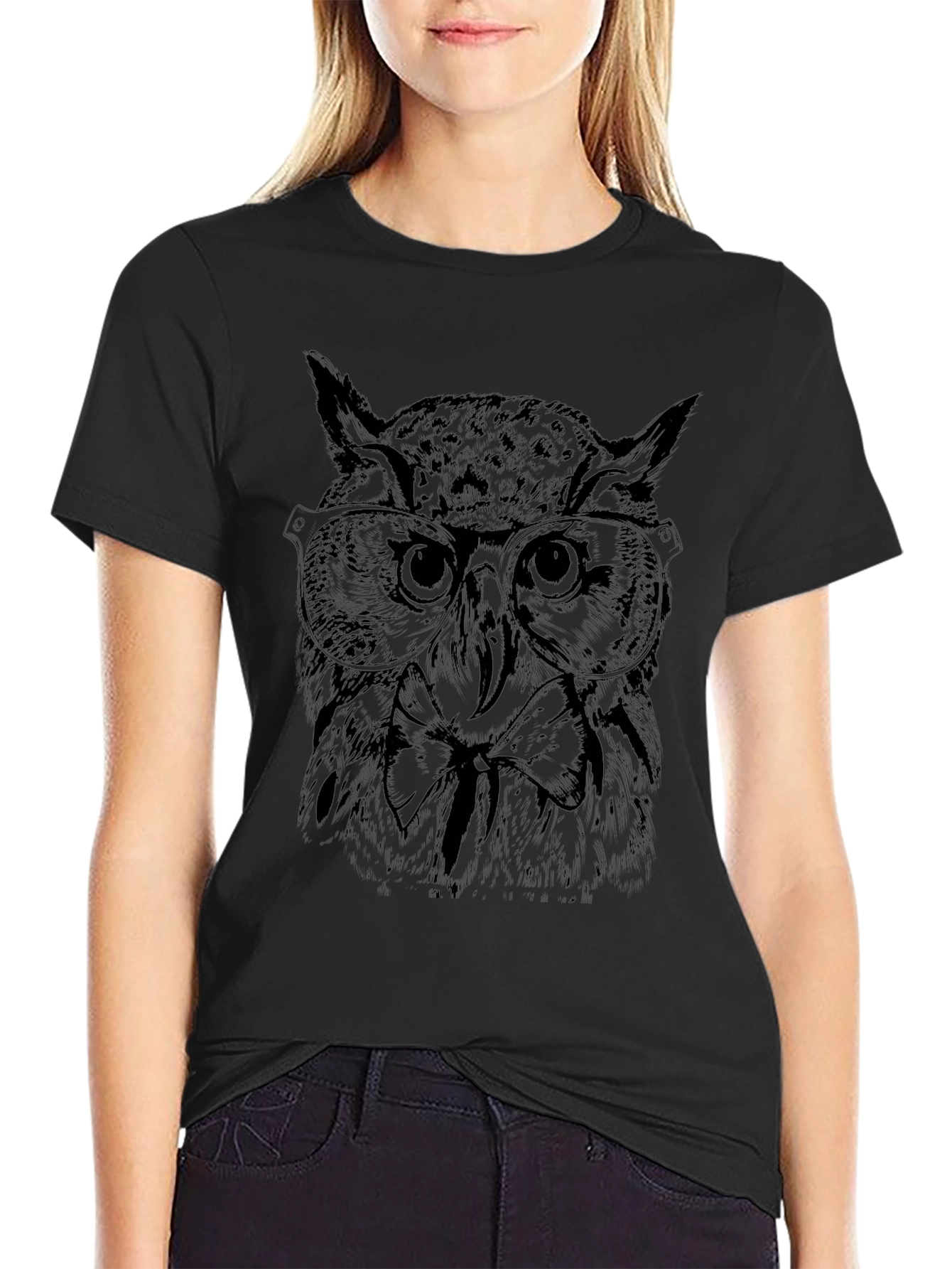 Owl with Glasses Graphic Tee - Black
