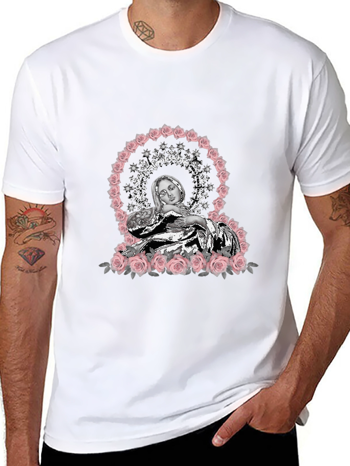 Virgin Mary Rose Halo Graphic T-Shirt