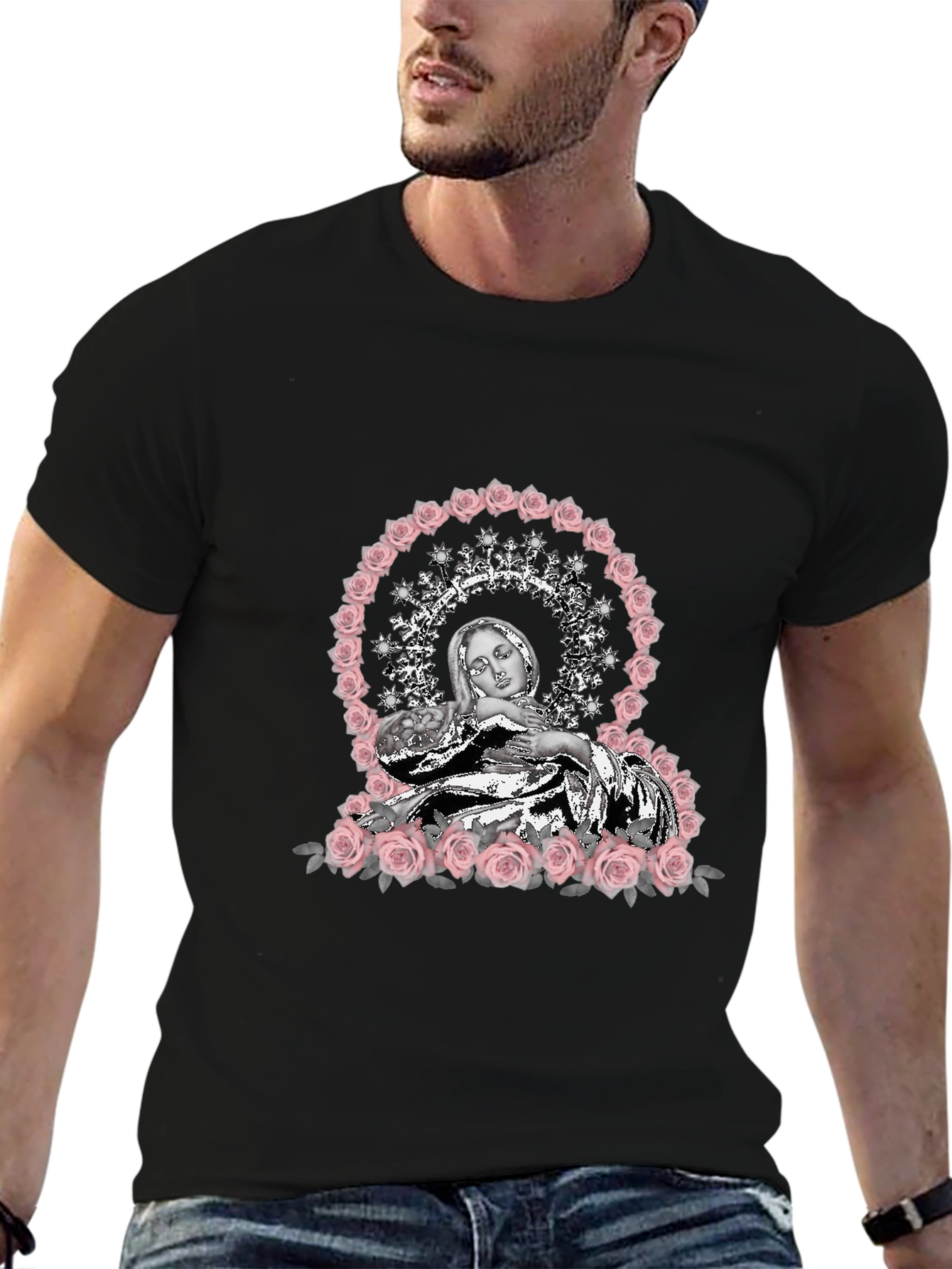 Virgin Mary Rose Halo Graphic T-Shirt