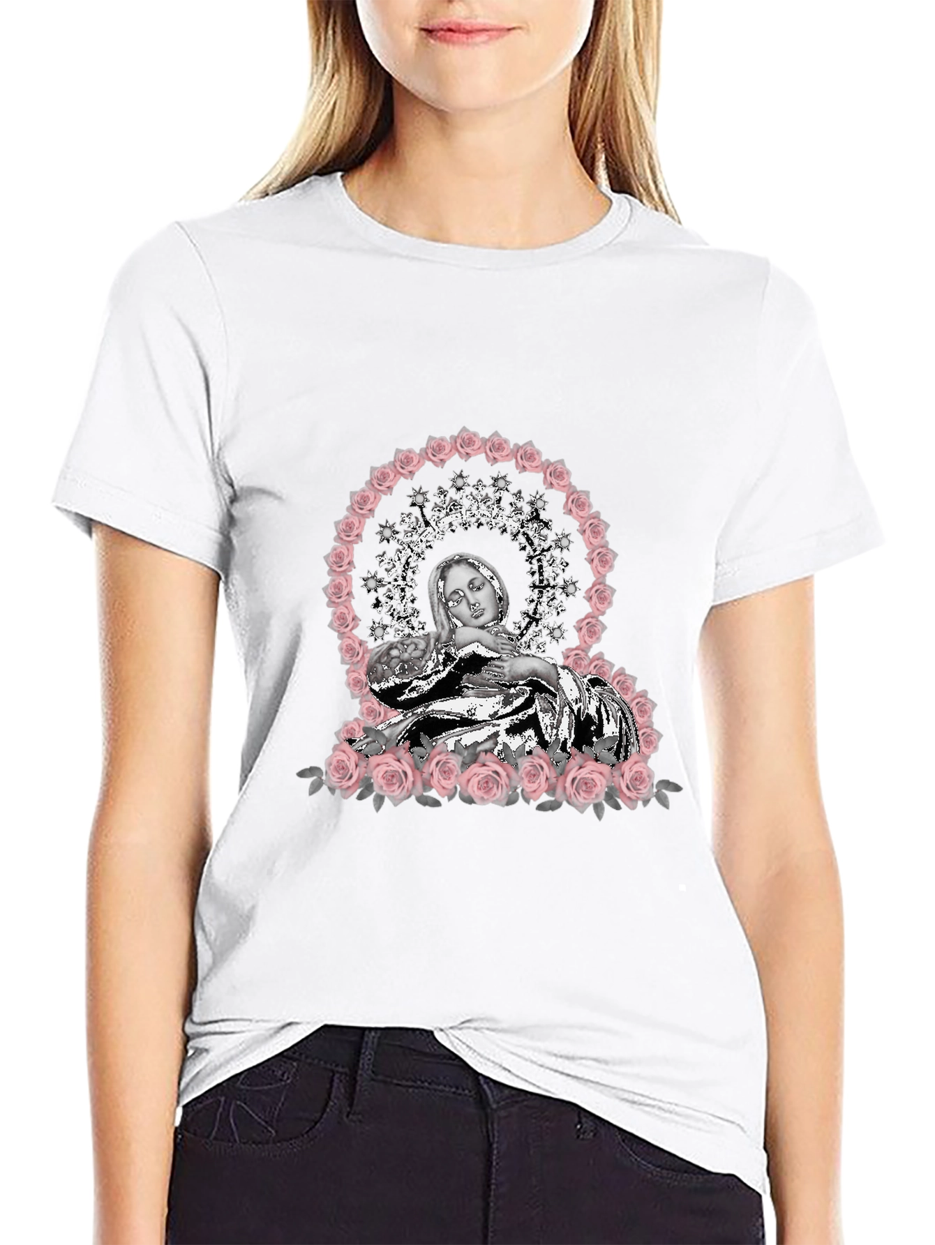 Virgin Mary Rose Halo Graphic T-Shirt