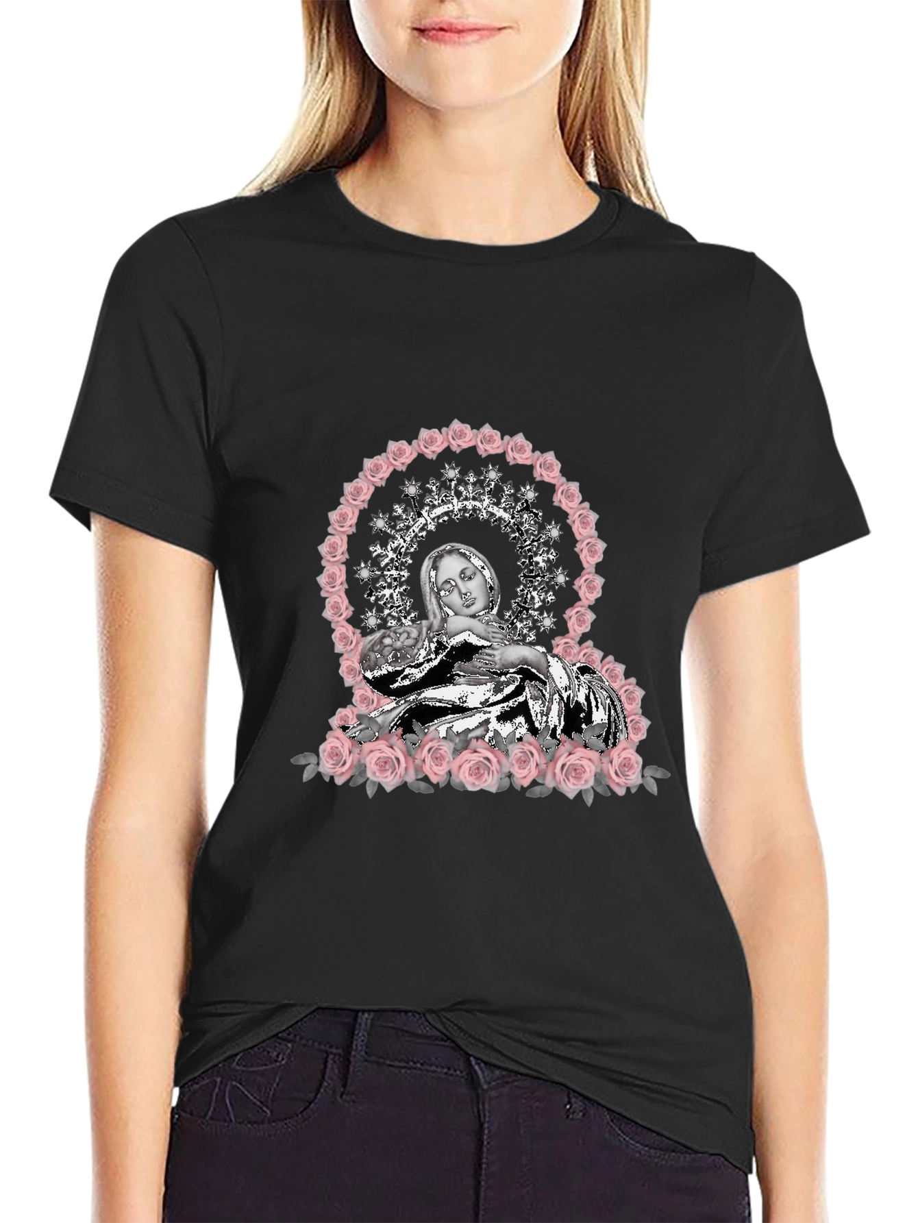 Virgin Mary Rose Halo Graphic T-Shirt