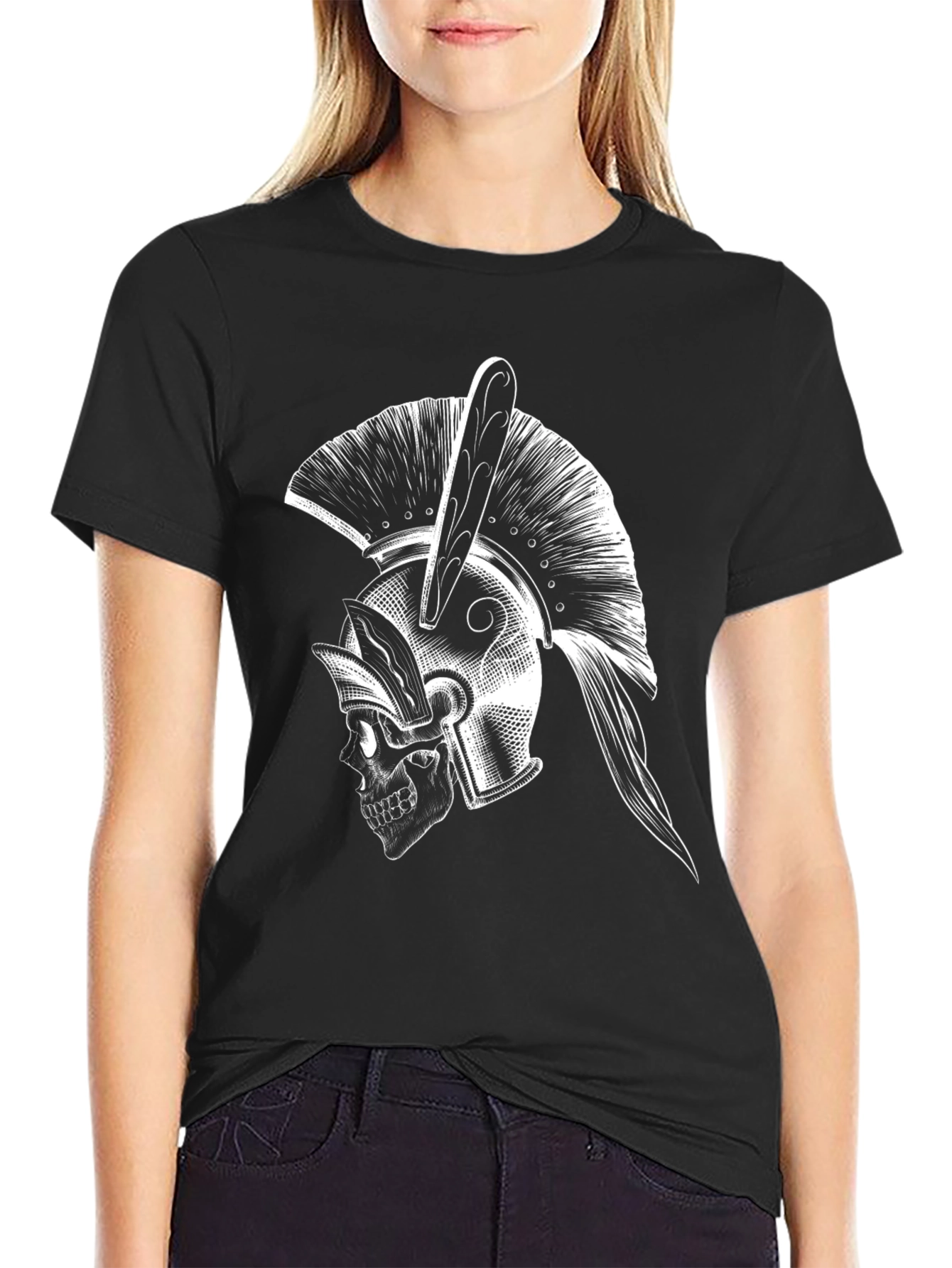 Spartan Skull Helmet Graphic Tee - Black Cotton