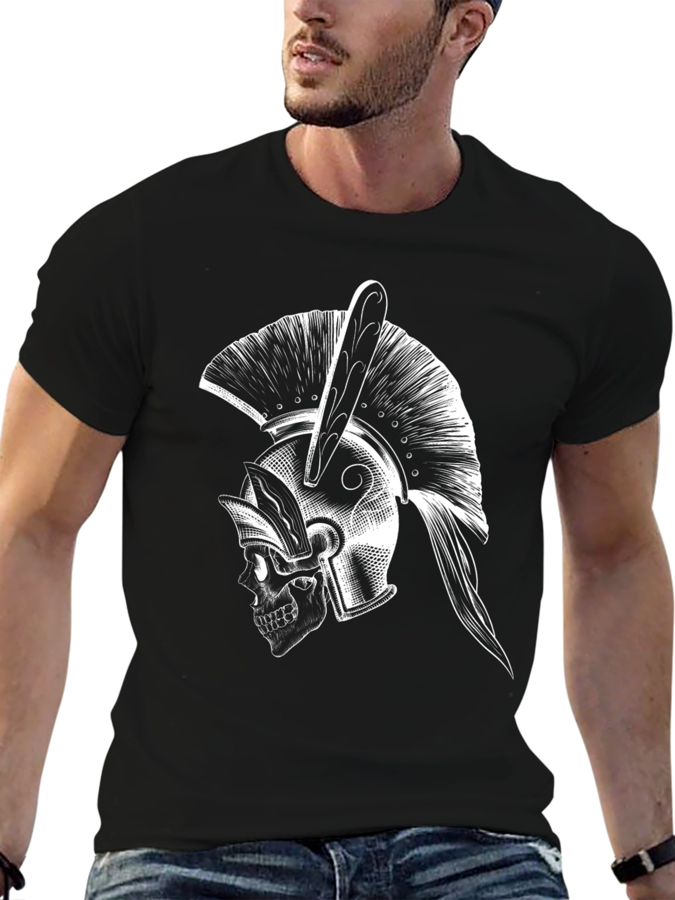 Spartan Skull Helmet Graphic Tee - Black Cotton