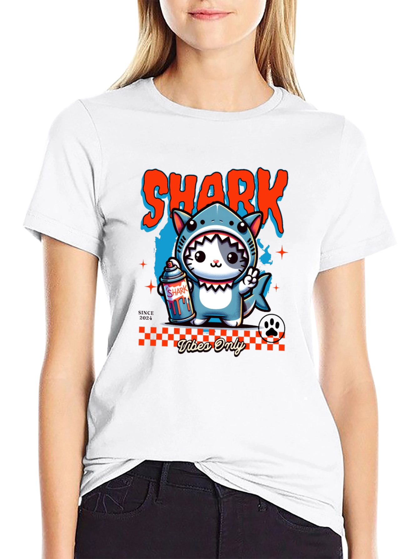 Shark Cat Graphic Tee - Vibes Only Black T-Shirt