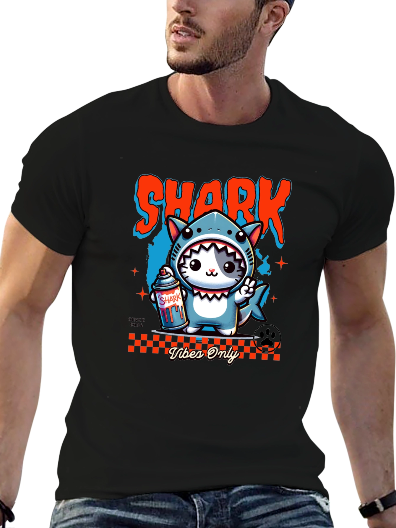 Shark Cat Graphic Tee - Vibes Only Black T-Shirt
