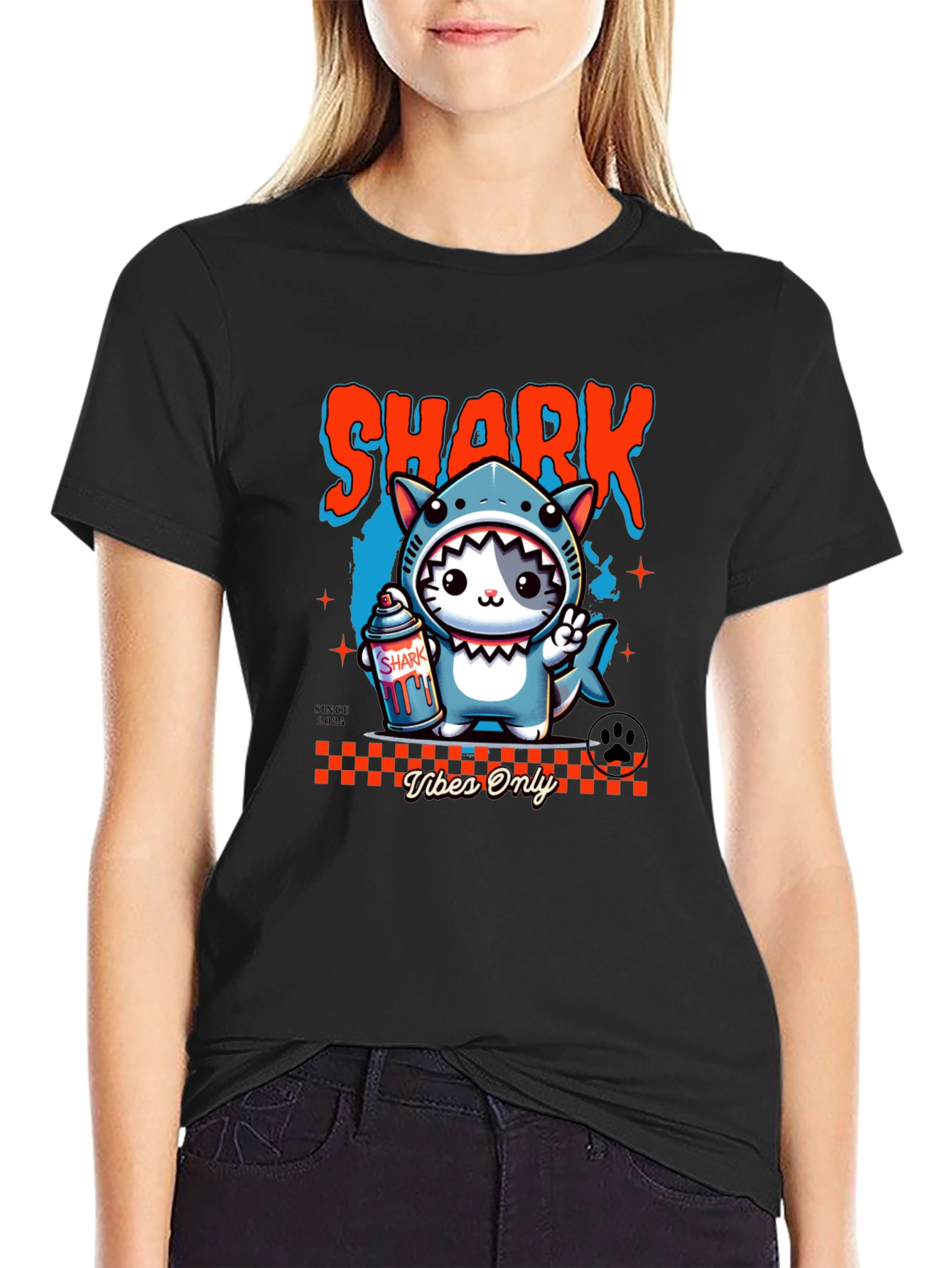 Shark Cat Graphic Tee - Vibes Only Black T-Shirt