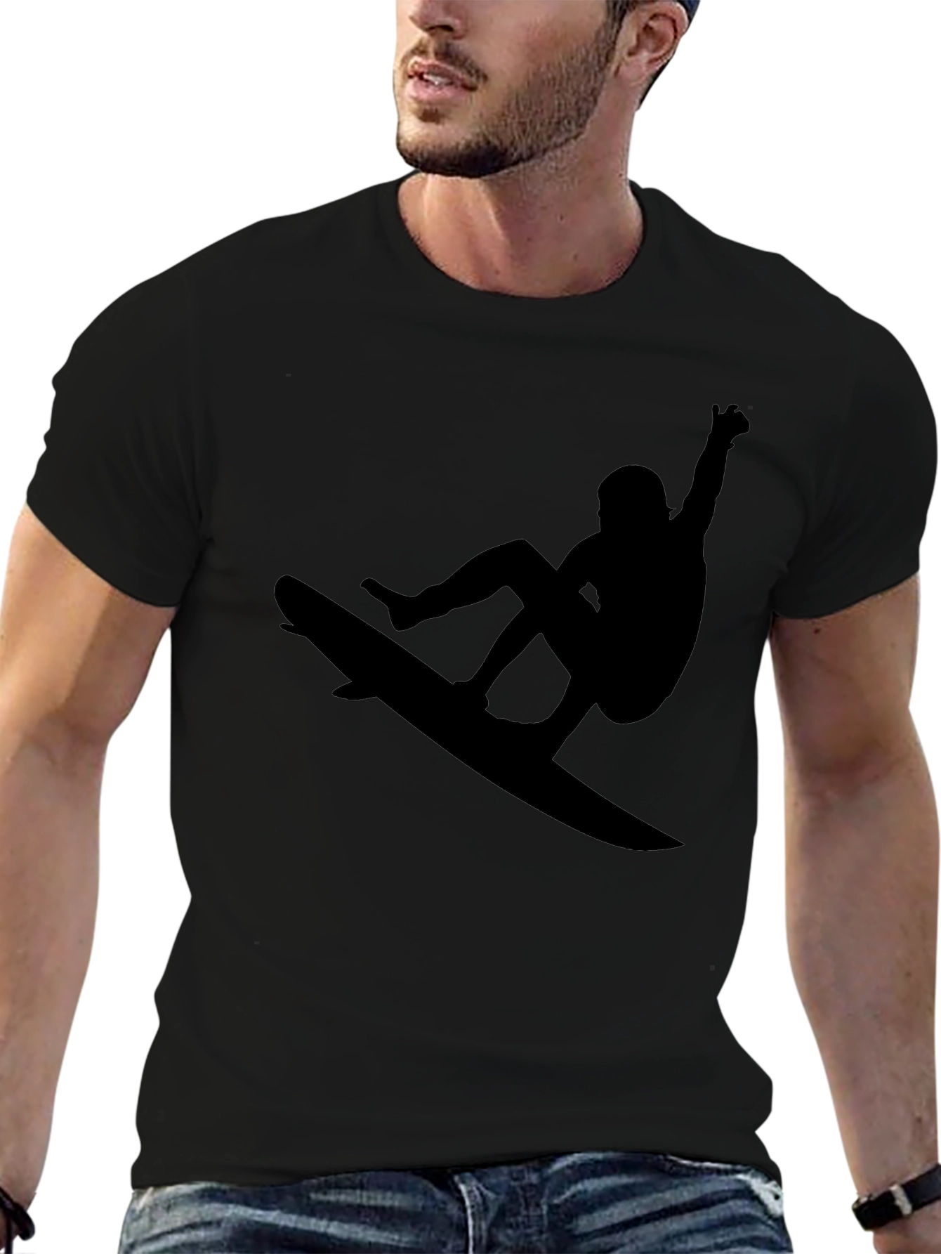 Surfer Silhouette Graphic Tee - Black Casual T-Shirt