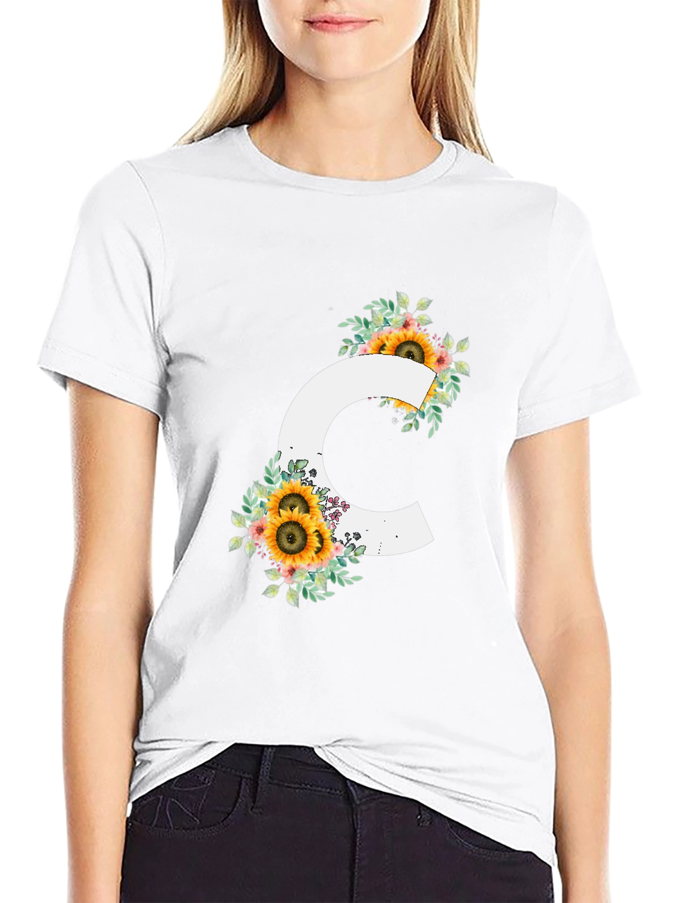 Floral Letter C Black T-Shirt