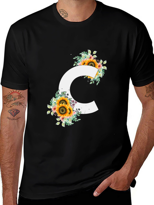 Floral Letter C Black T-Shirt