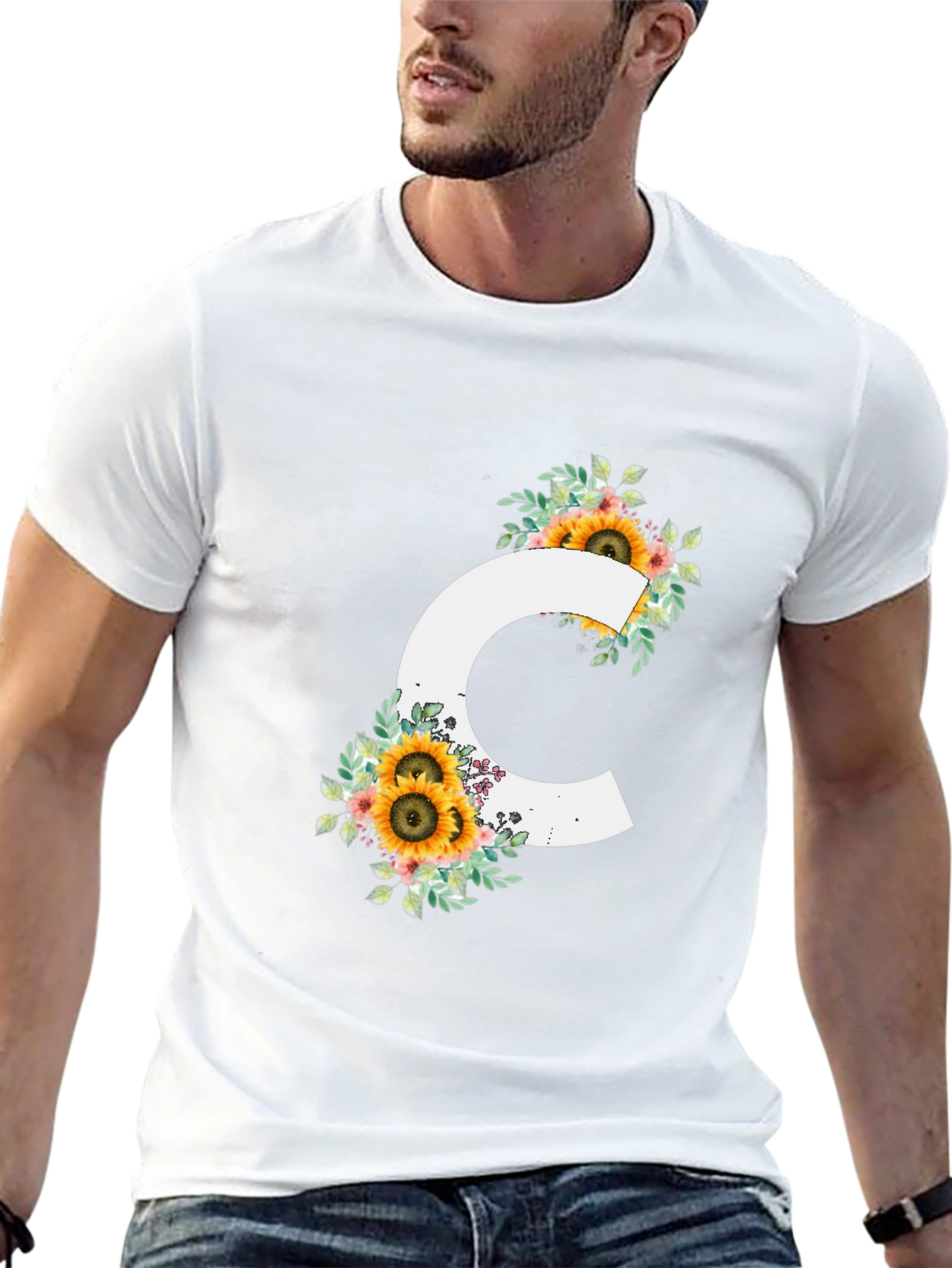 Floral Letter C Black T-Shirt