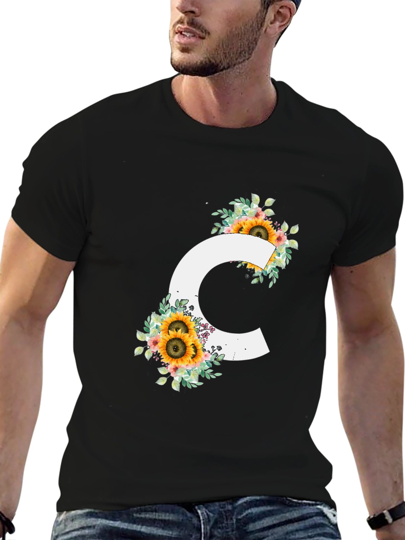 Floral Letter C Black T-Shirt
