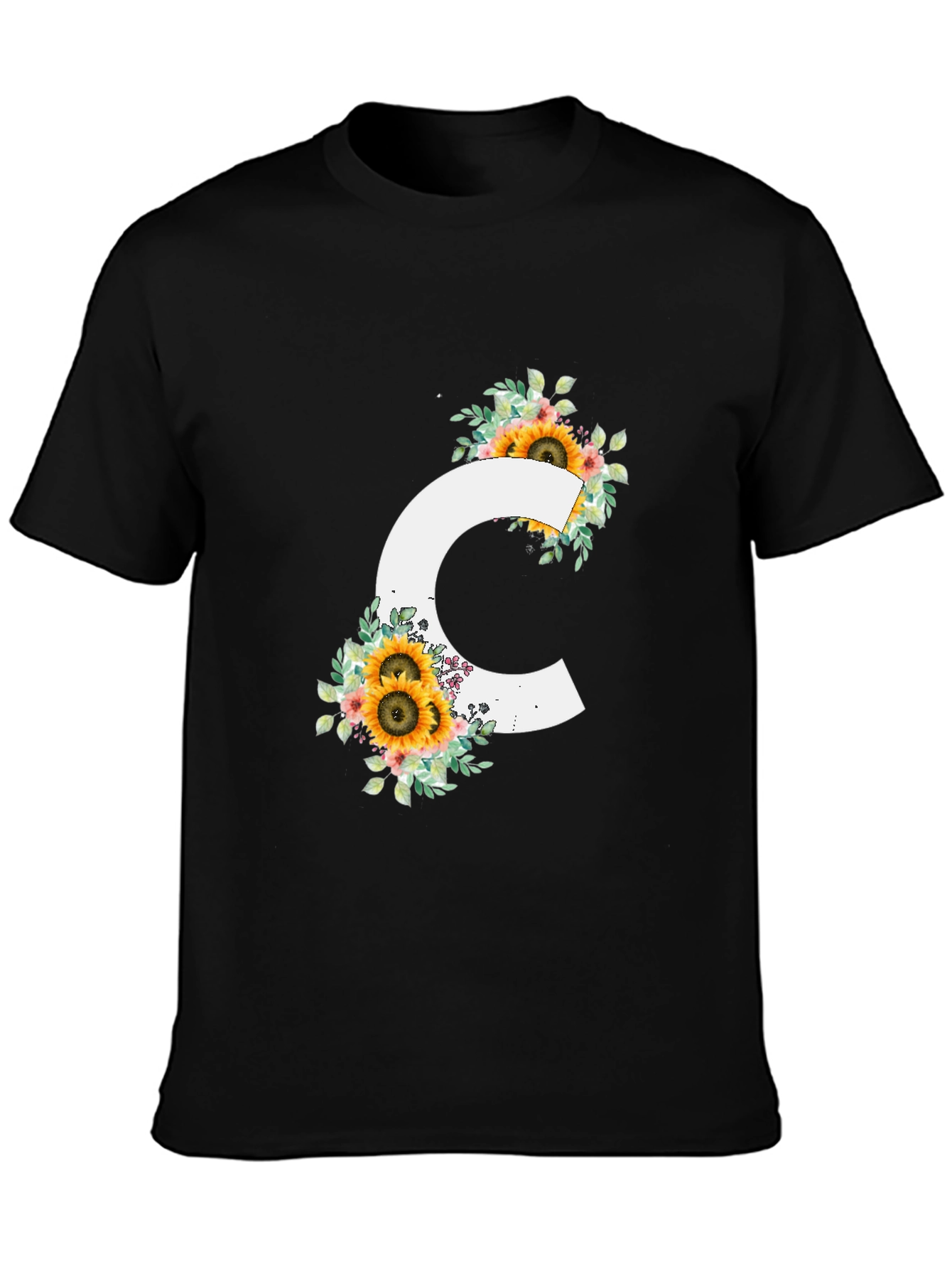 Floral Letter C Black T-Shirt