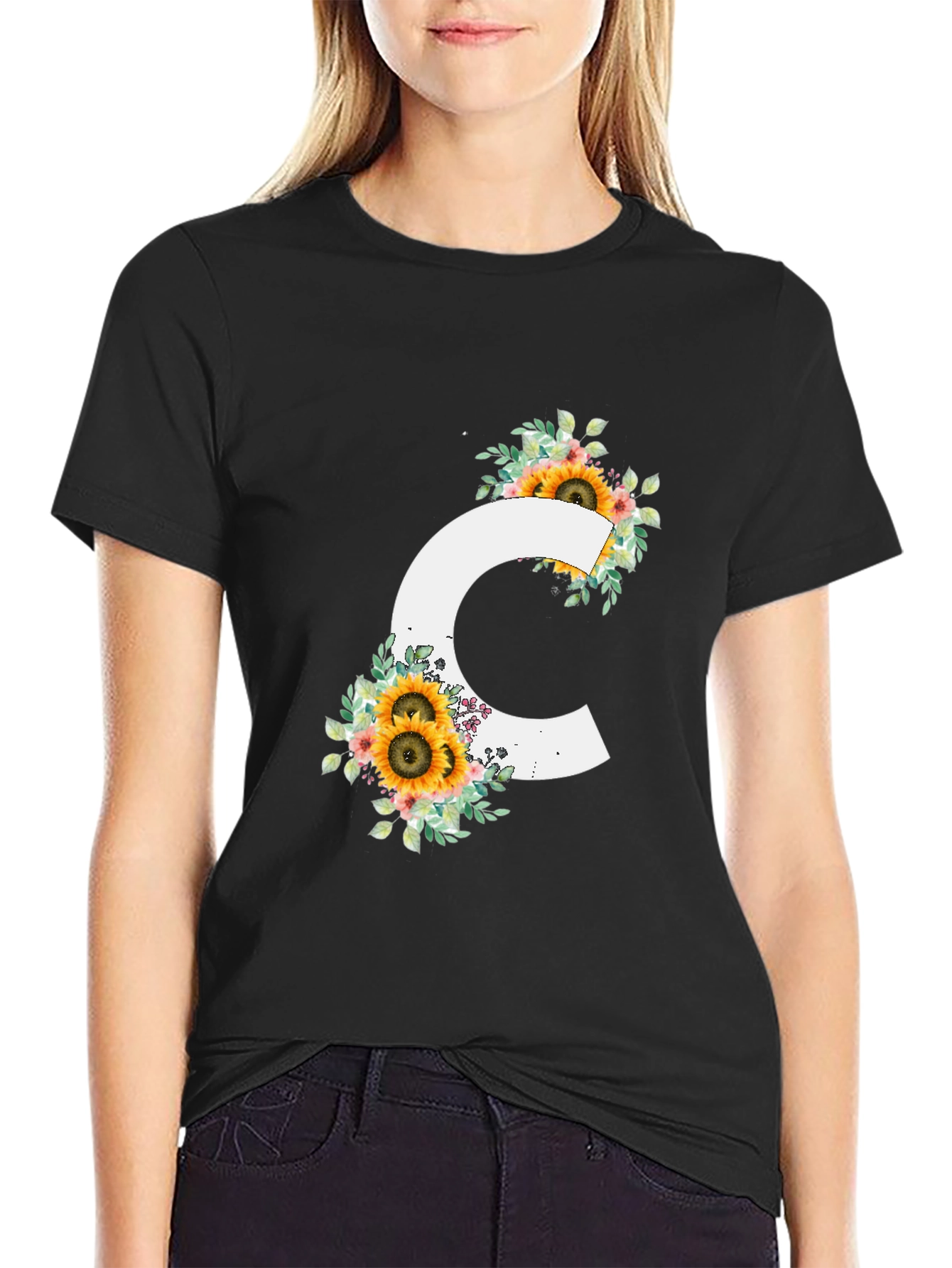 Floral Letter C Black T-Shirt