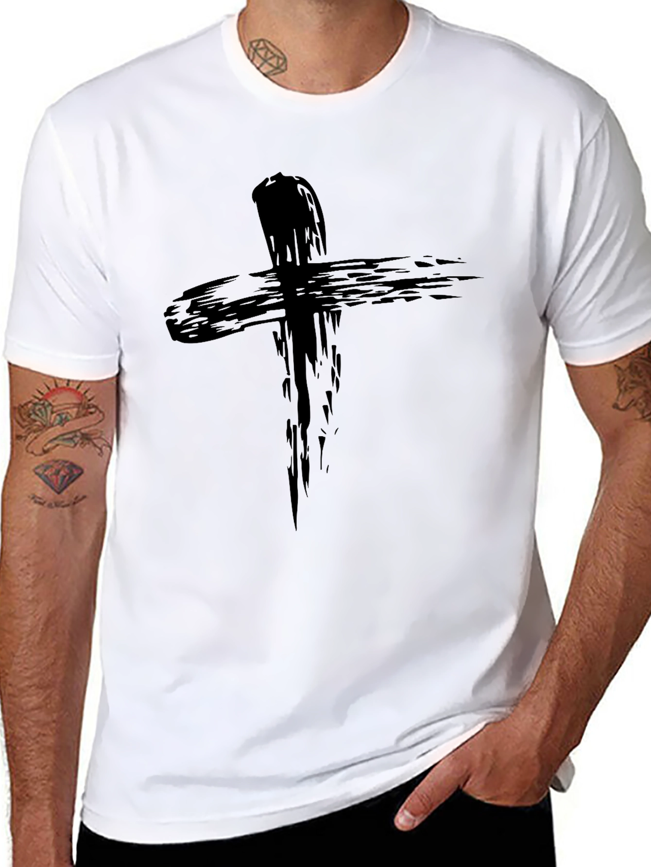 Mens Black Cross Graphic T-Shirt - Brushstroke Design