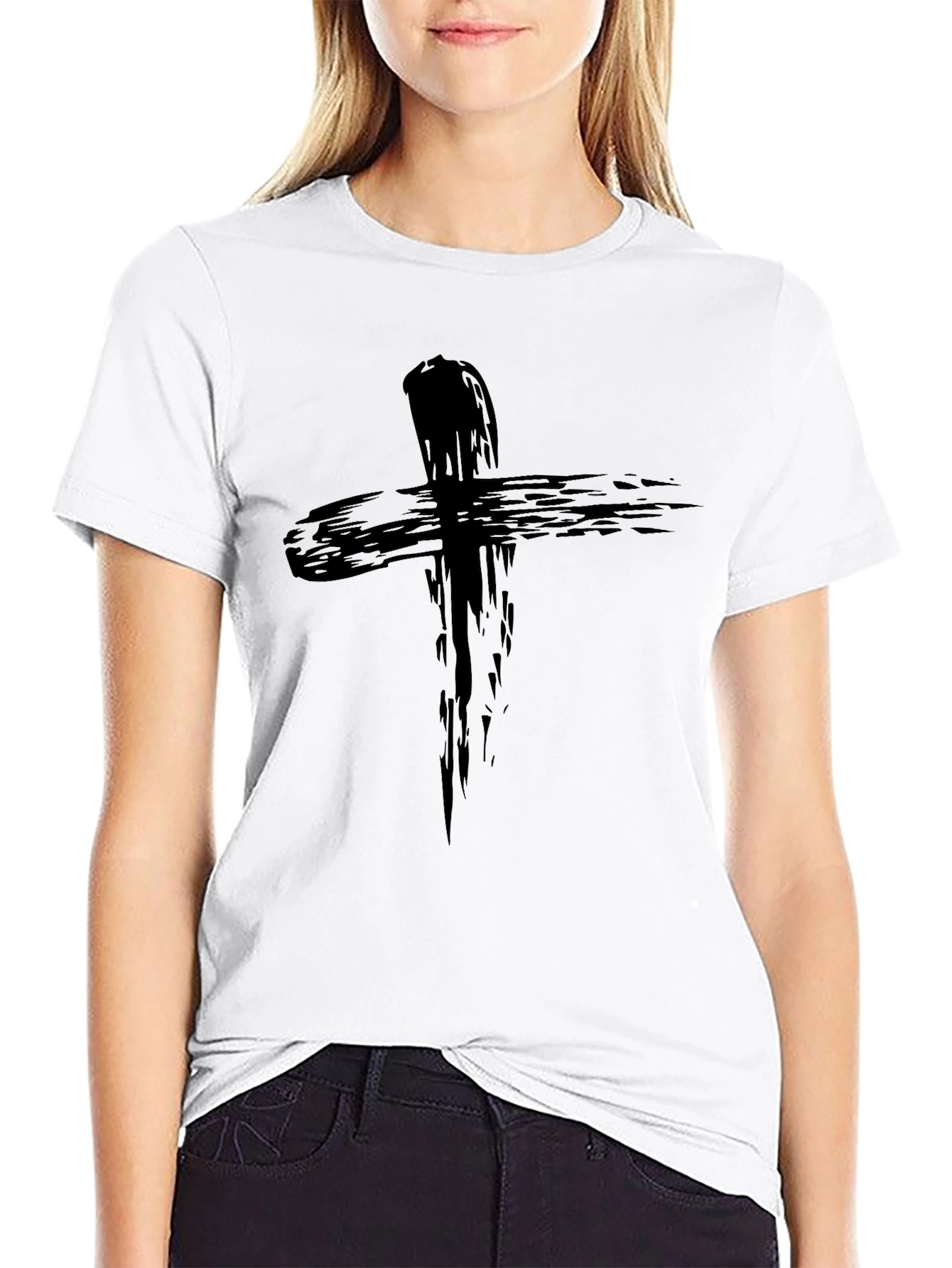 Mens Black Cross Graphic T-Shirt - Brushstroke Design