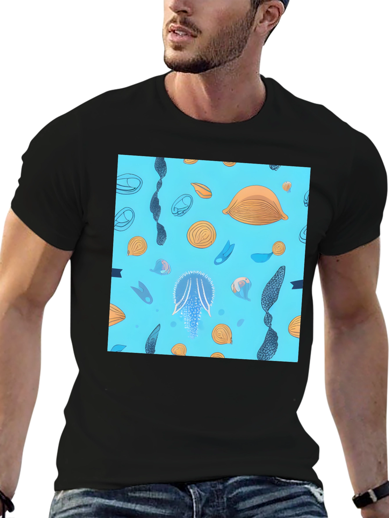 Blue Ocean Graphic Print Black T-Shirt