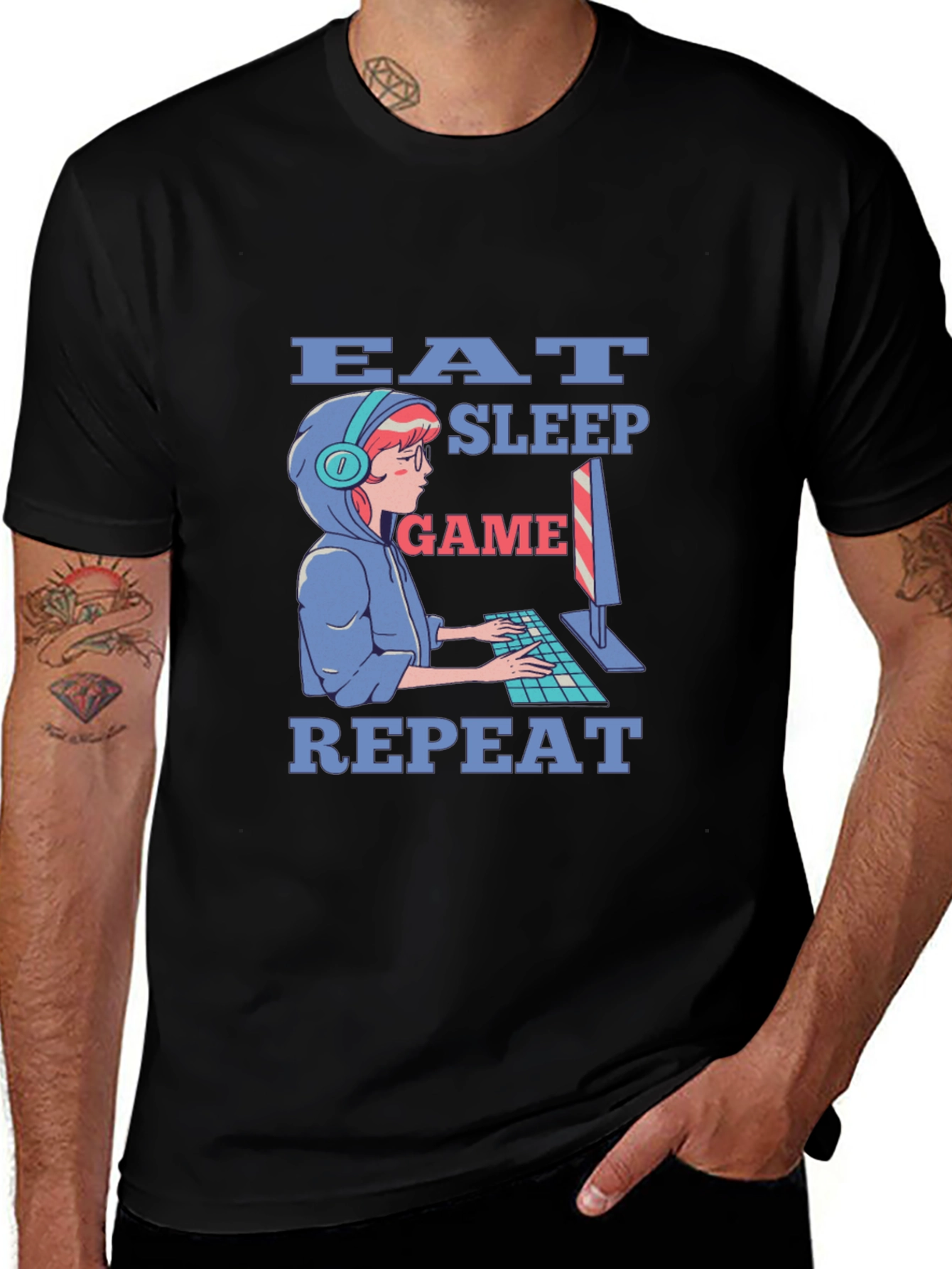 Eat Sleep Game Repeat Gamer T-Shirt - Black