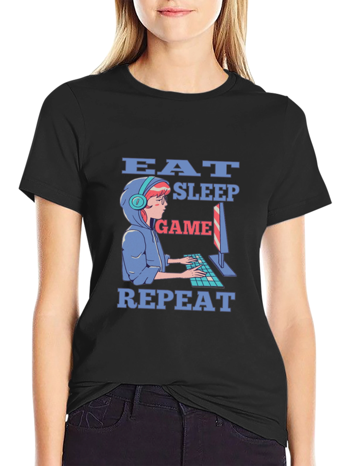 Eat Sleep Game Repeat Gamer T-Shirt - Black
