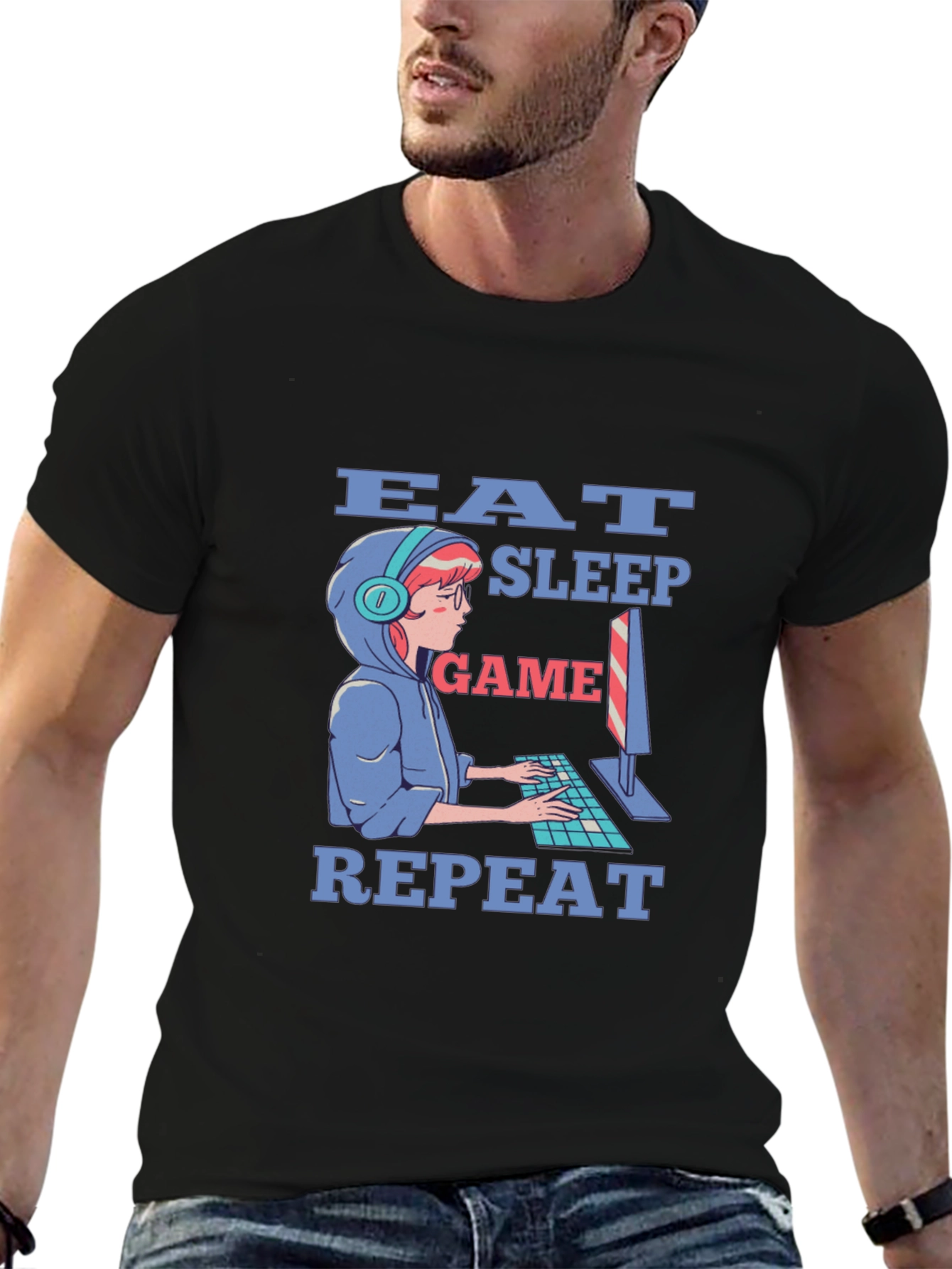 Eat Sleep Game Repeat Gamer T-Shirt - Black