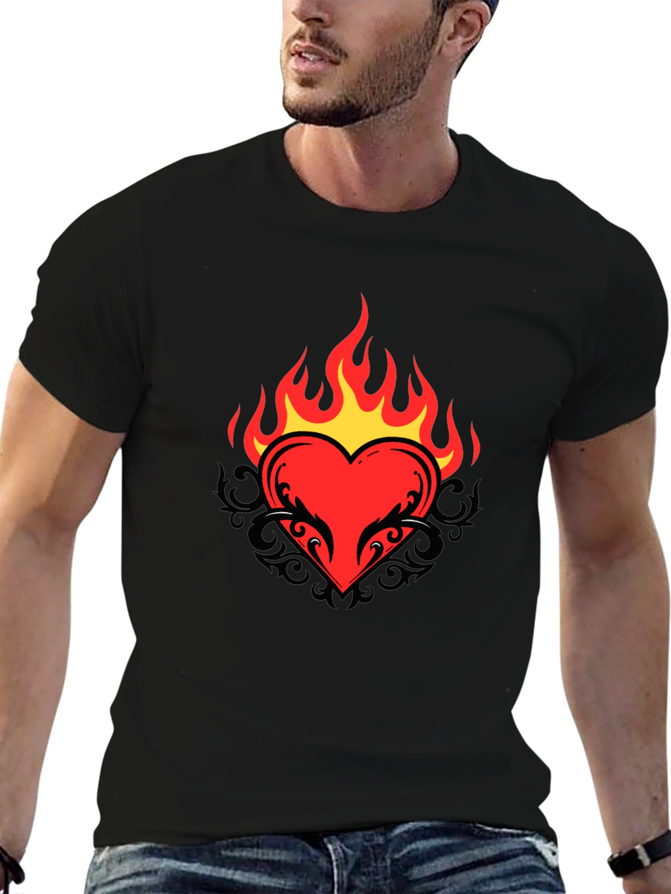 Flaming Heart Graphic Tee - Cool Black T-Shirt
