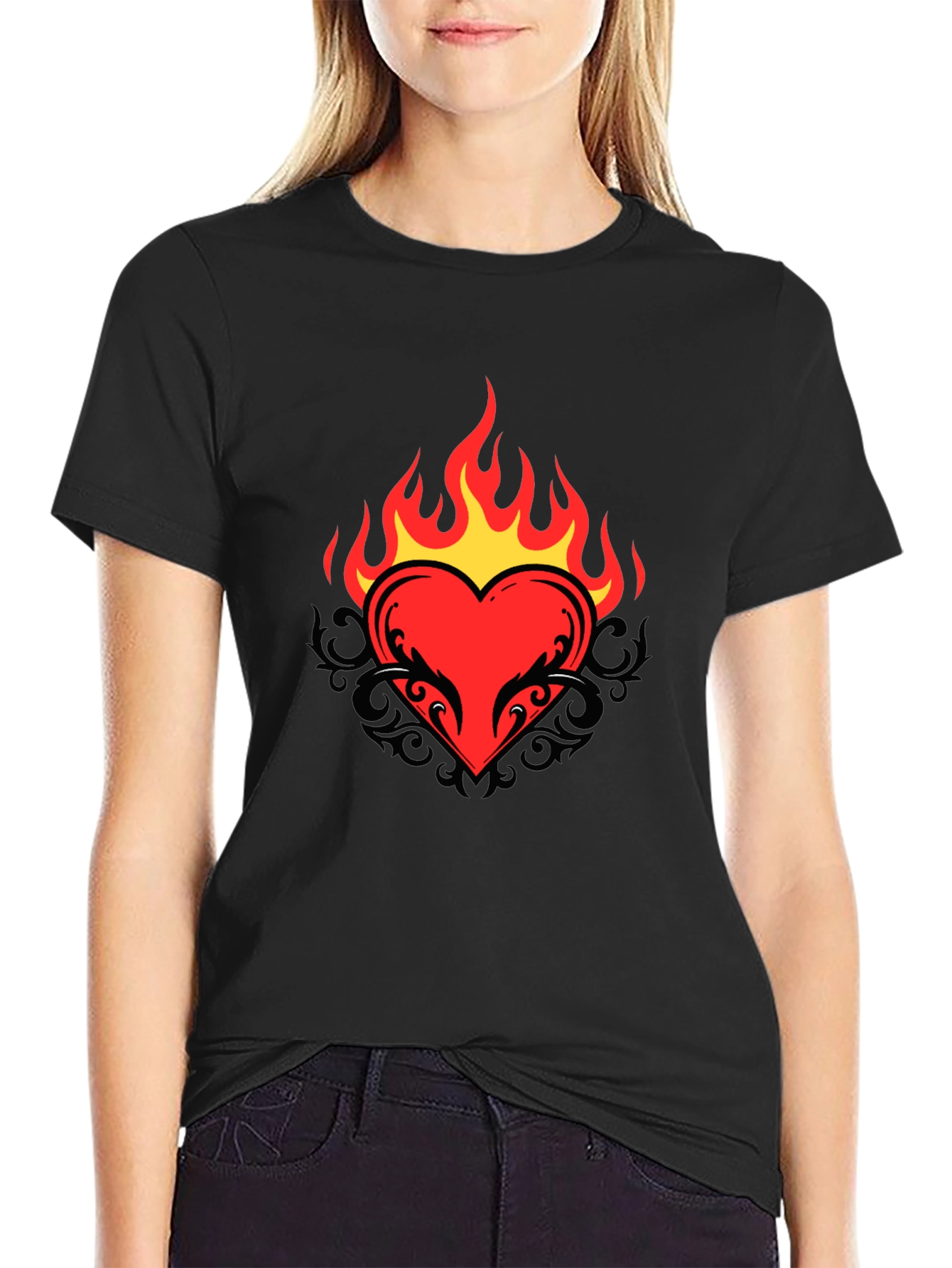 Flaming Heart Graphic Tee - Cool Black T-Shirt