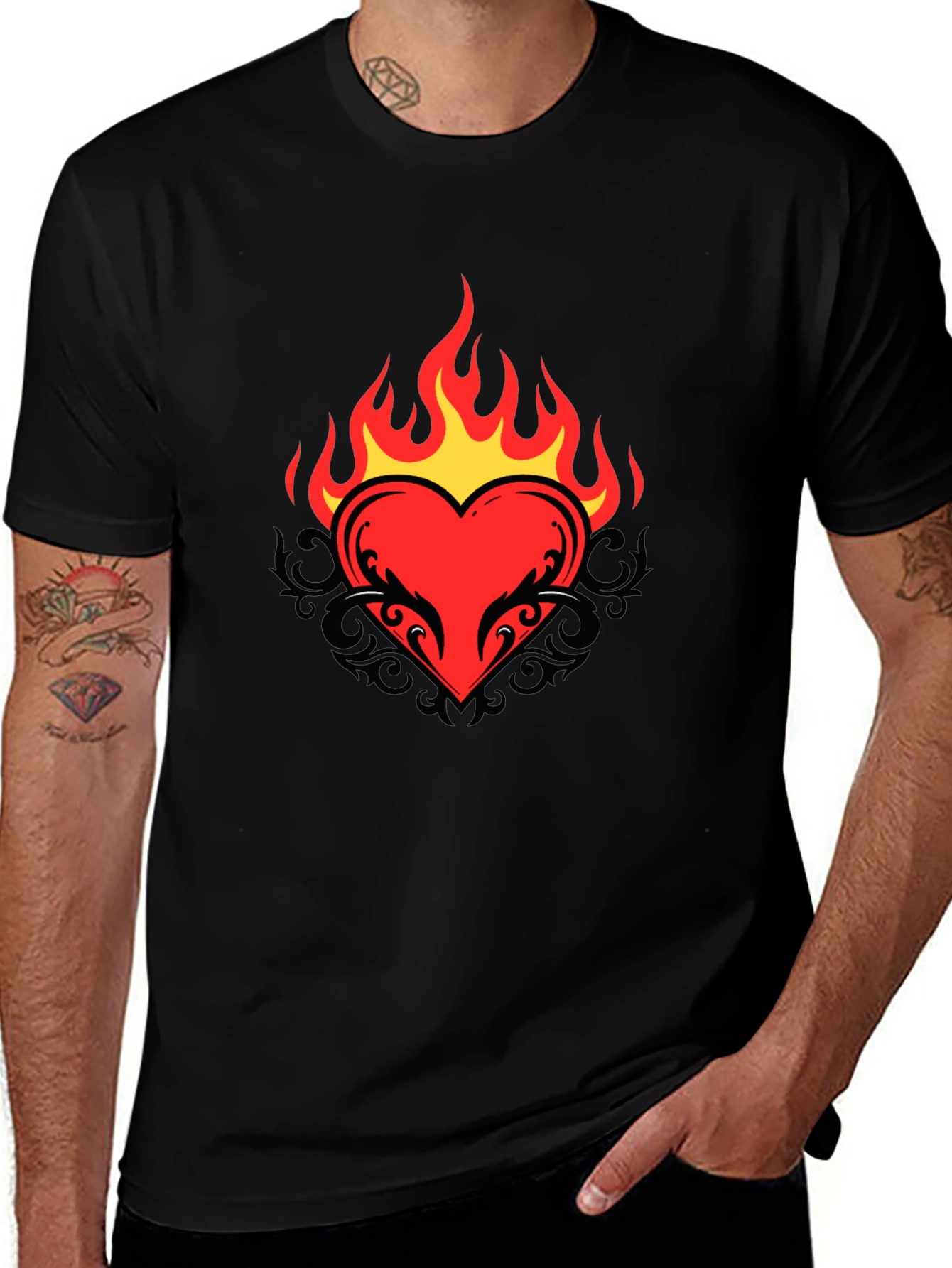 Flaming Heart Graphic Tee - Cool Black T-Shirt