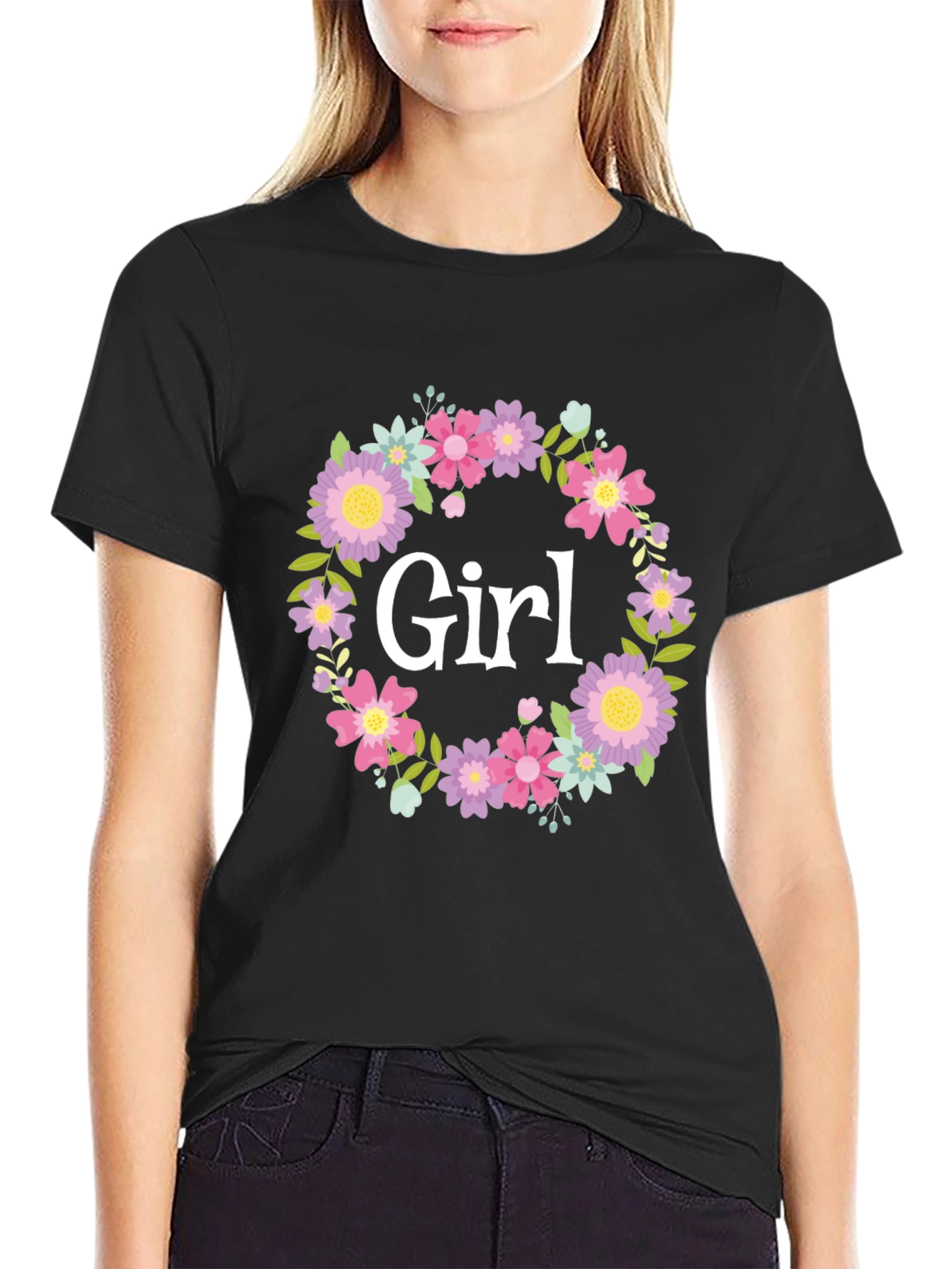 Girl Floral Wreath Graphic T-Shirt