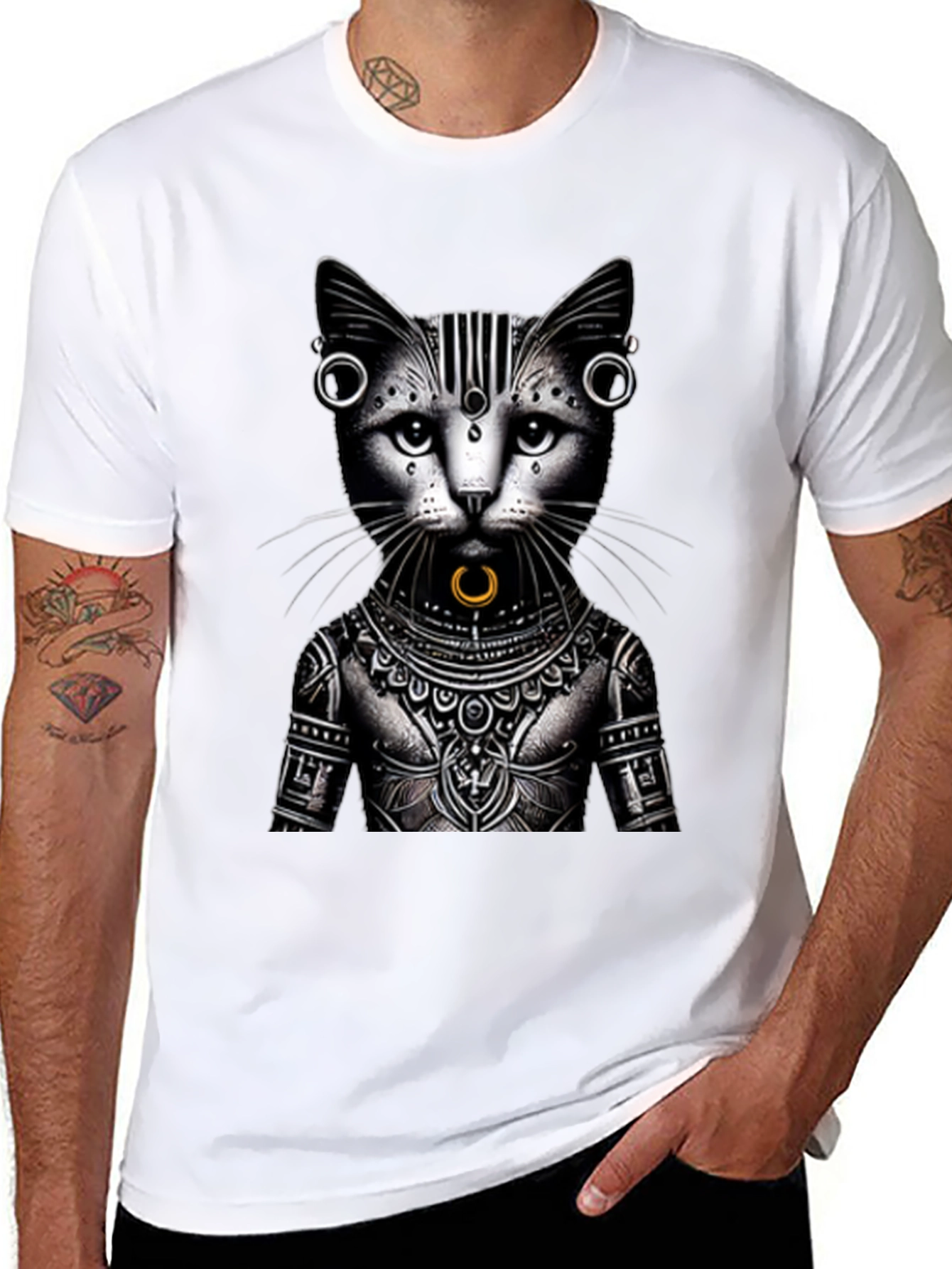 Tattooed Cat Graphic T-Shirt - Unique Design