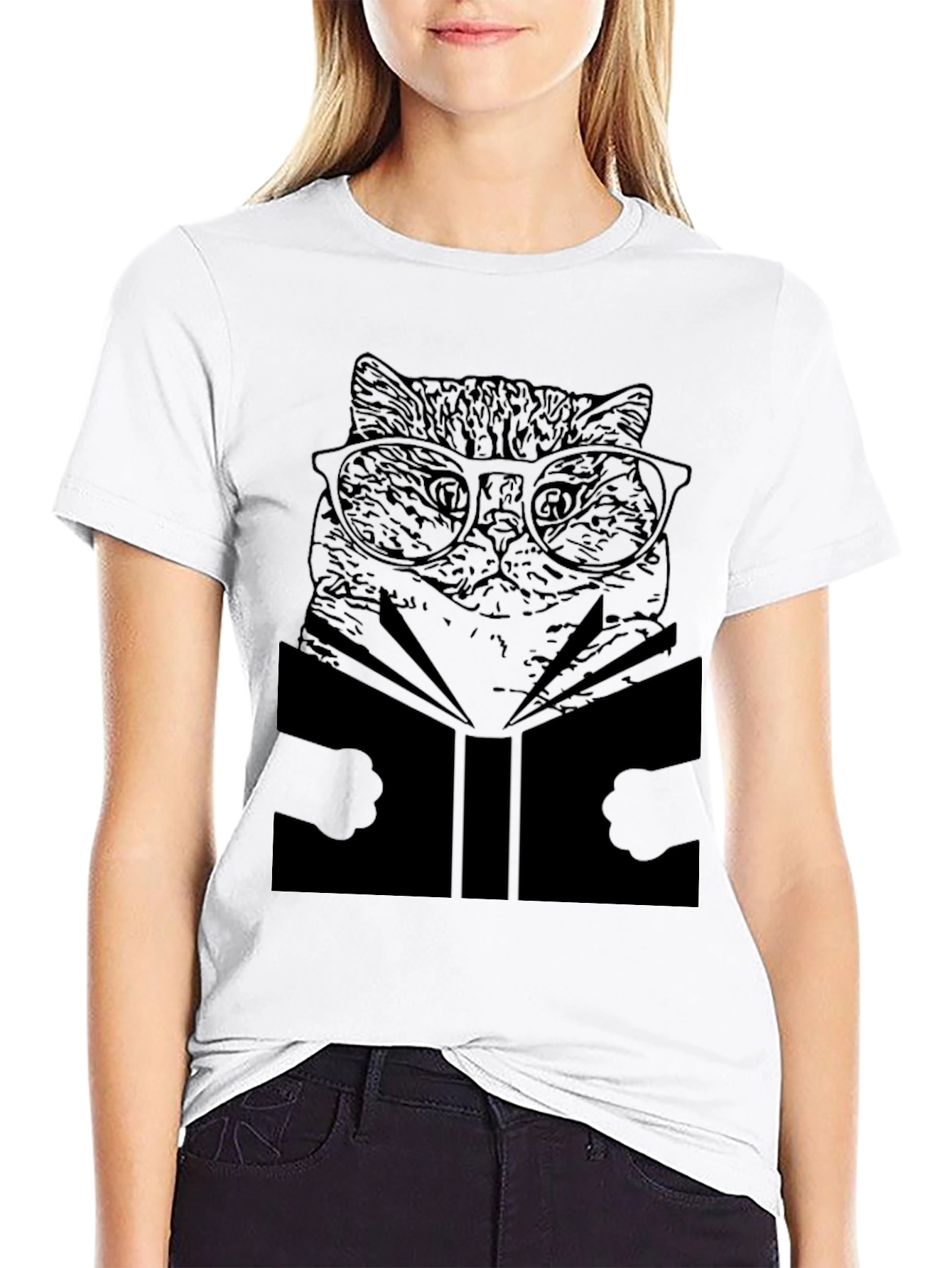 Cat Reading Book T-Shirt - Unisex Black Tee