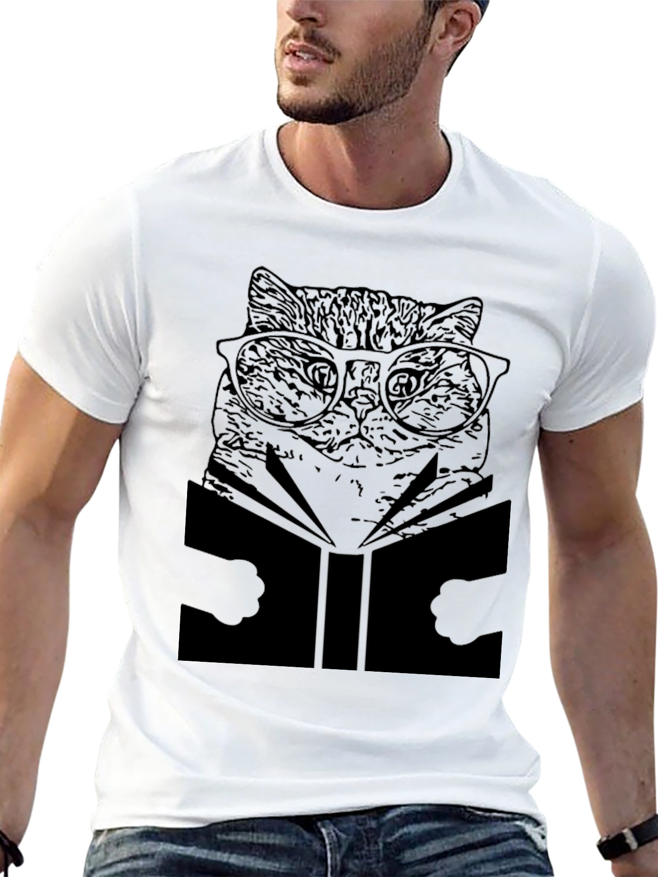 Cat Reading Book T-Shirt - Unisex Black Tee