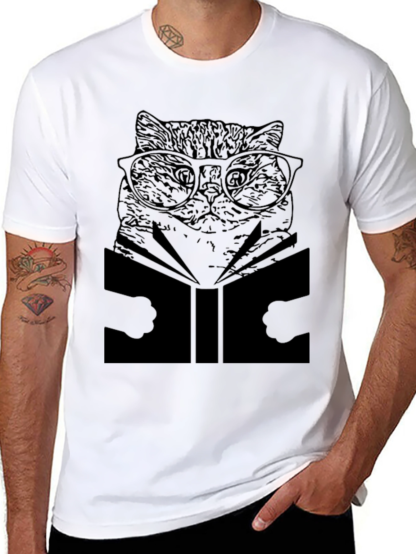 Cat Reading Book T-Shirt - Unisex Black Tee