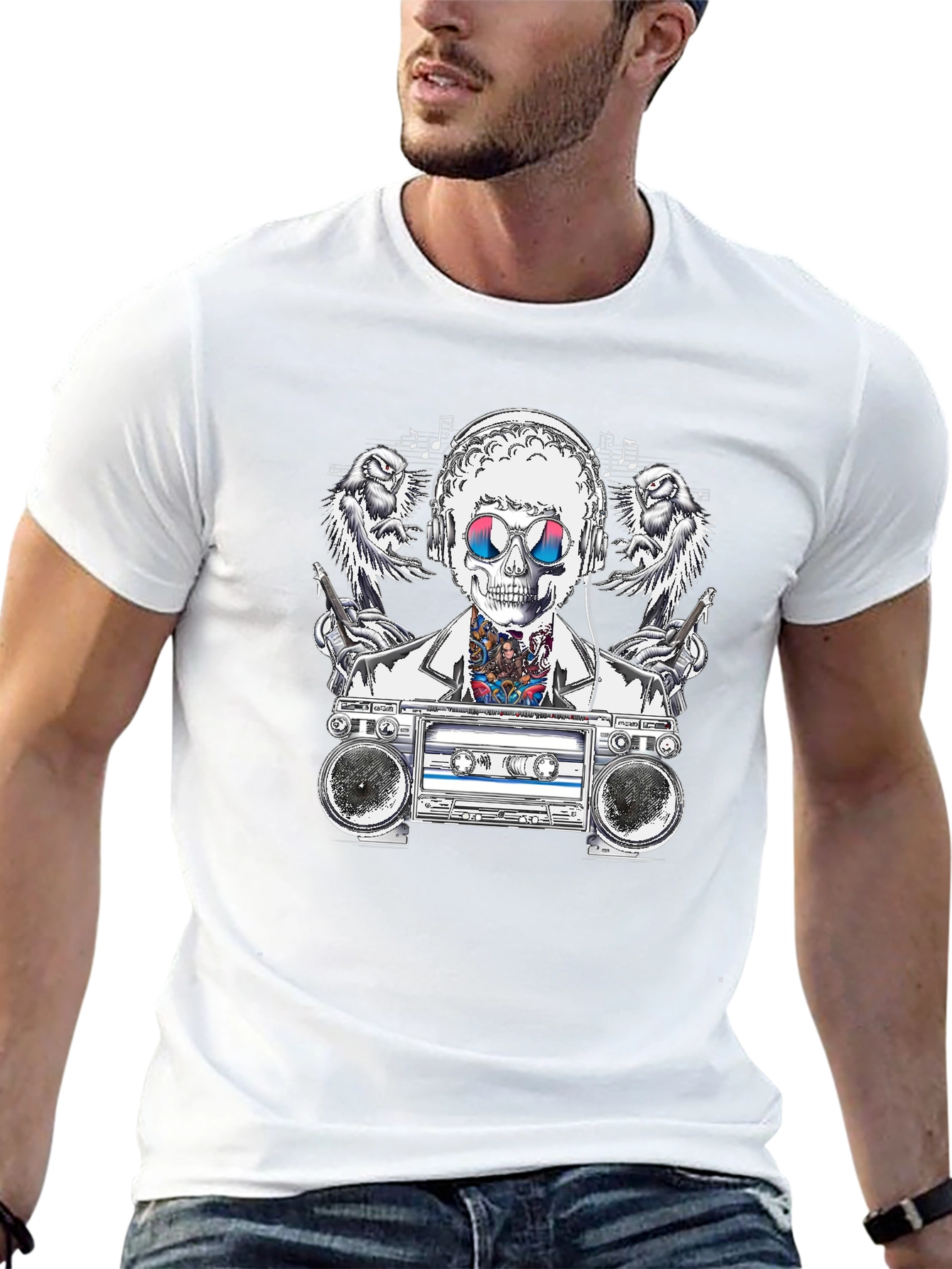 Retro Boombox Skeleton Graphic Tee