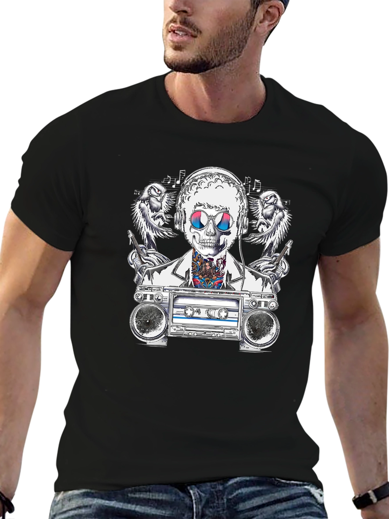 Retro Boombox Skeleton Graphic Tee